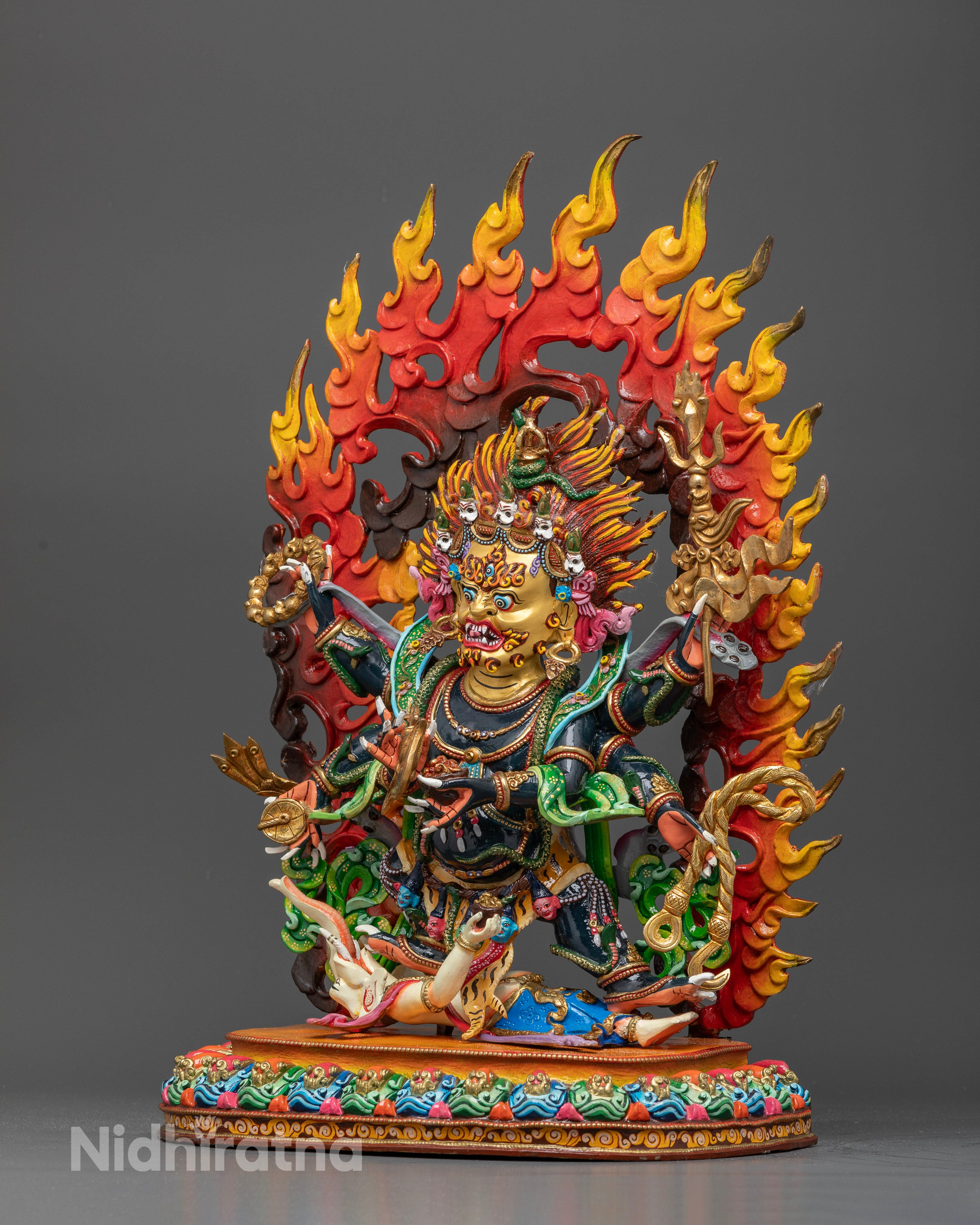 Tibetan Six-Armed Mahakala Statue with Flaming Hair, Tiger-Skin Garment and Robes.