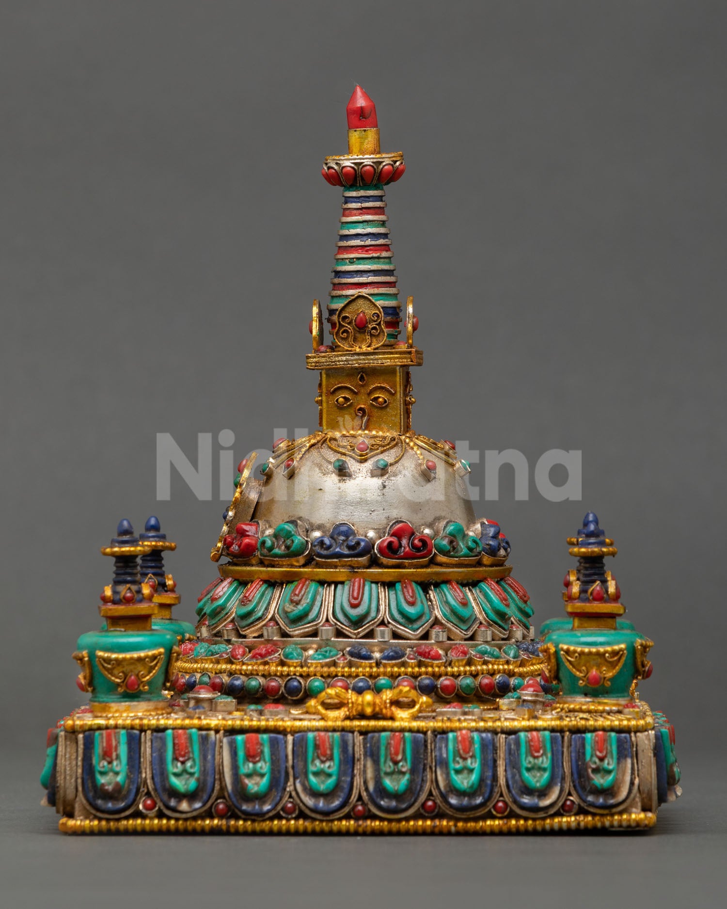 Tibetan Stupa sculpture featuring miniature Buddha niche and four guardian stupas, gold and silver plated Himalayan altar decor from Nepal