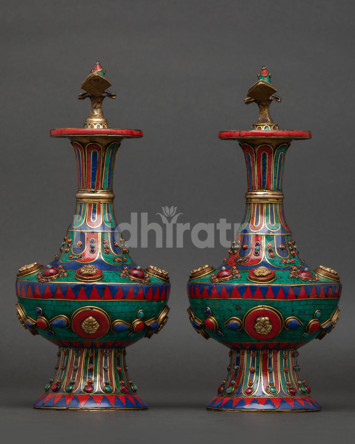 Tibetan tea pot with colorful enamel Astamangala symbols and engraving.