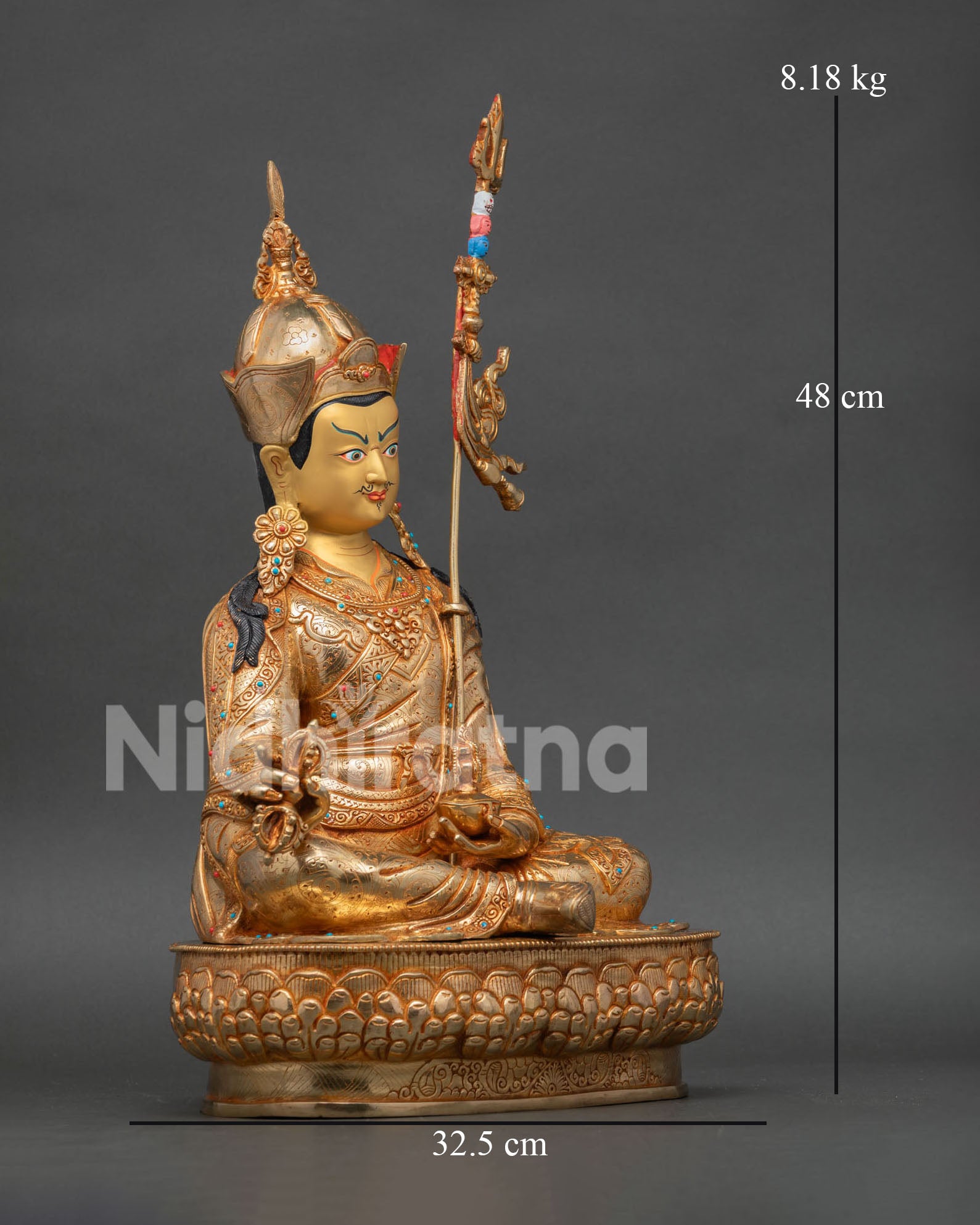 Traditional copper Guru Rinpoche sculpture with intricate Newari craftsmanship and gold finish