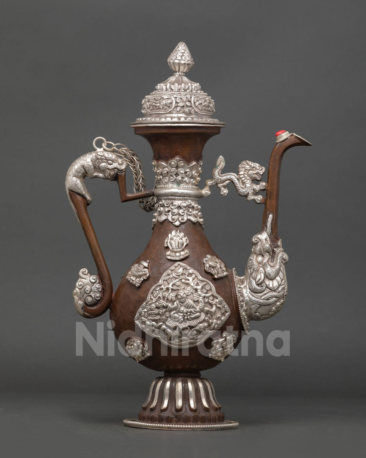 Traditional Himalayan Ritual Tea Pot handcrafted from copper with oxidized and silver plated finish
