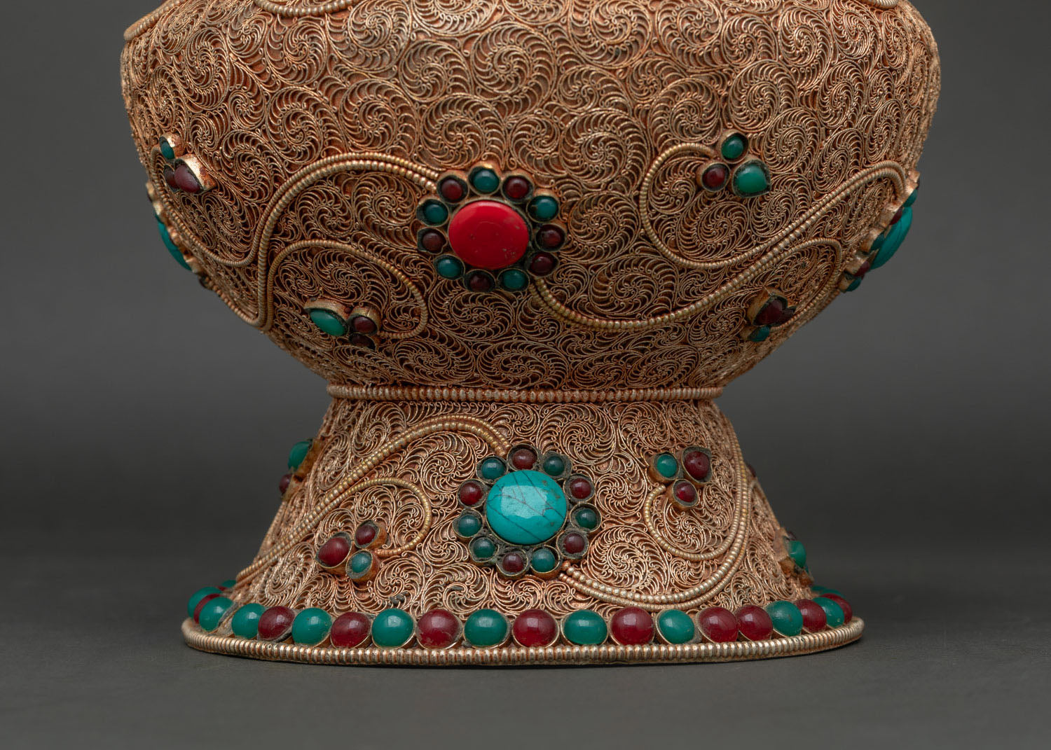 Traditional Nepalese Rice Pot with Turquoise Coral Ruby and Emerald Stones