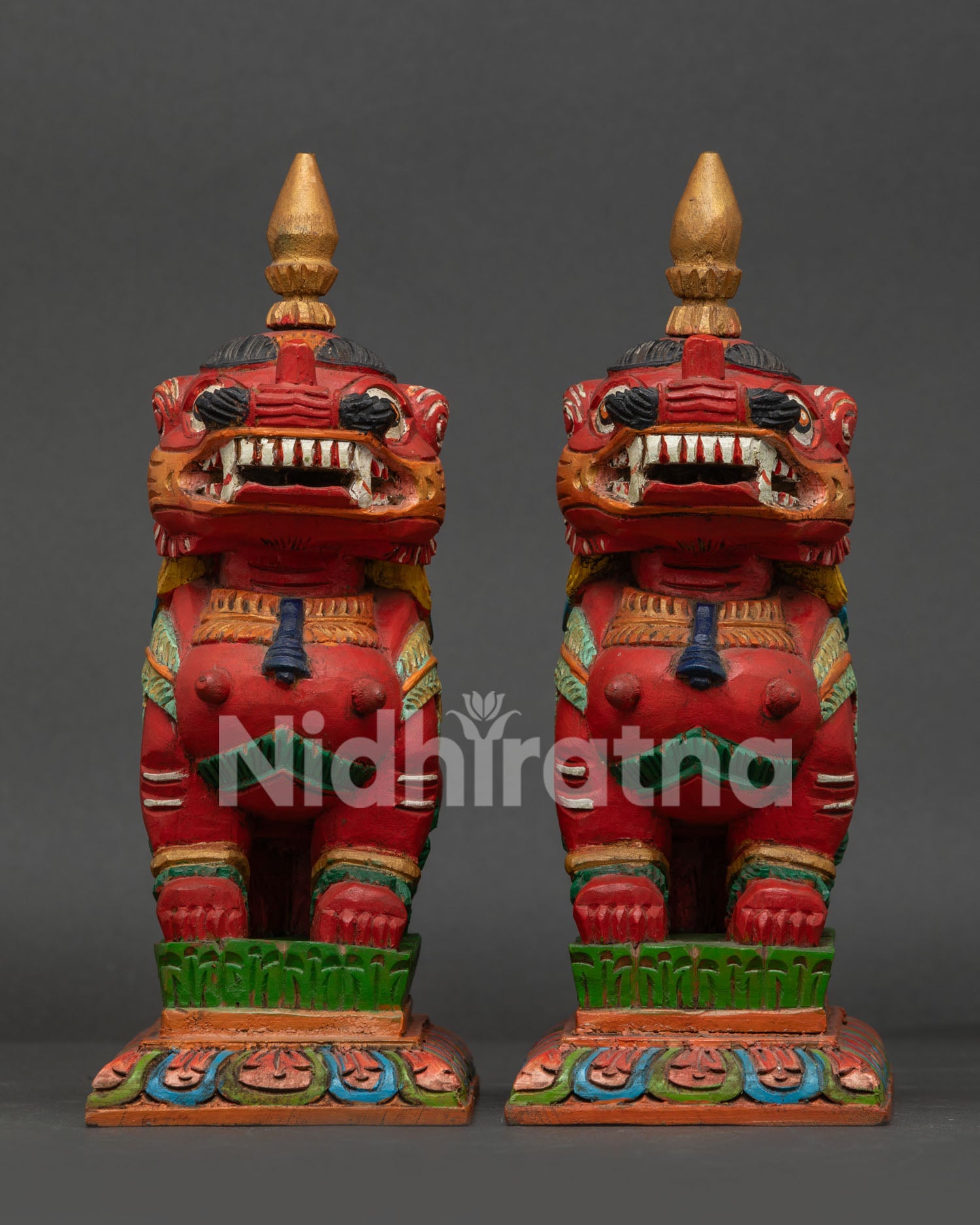 Traditional Nepalese wooden snow lion set for Buddhist protection and decor