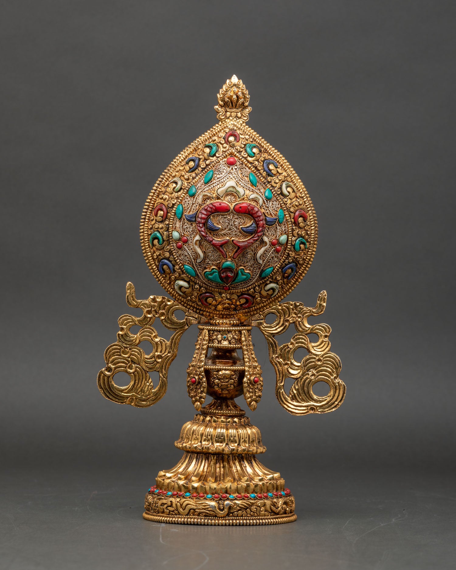 Traditional Newari handcrafted Astamangala Set featuring copper and gold-plated eight auspicious symbols of Buddhism