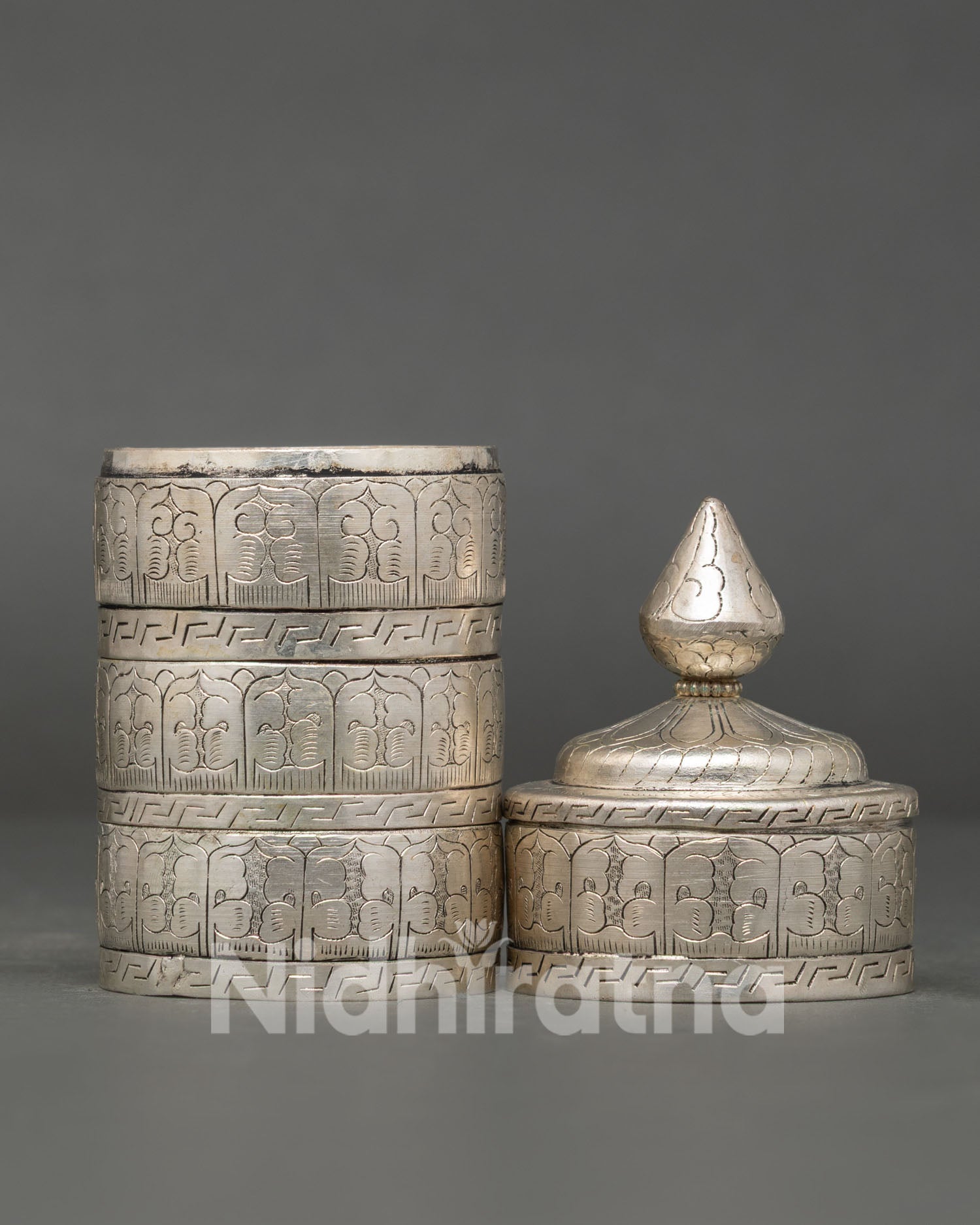 Traditional Silver Neshi Rice Pot for Tibetan Buddhist Rituals and Sacred Offerings