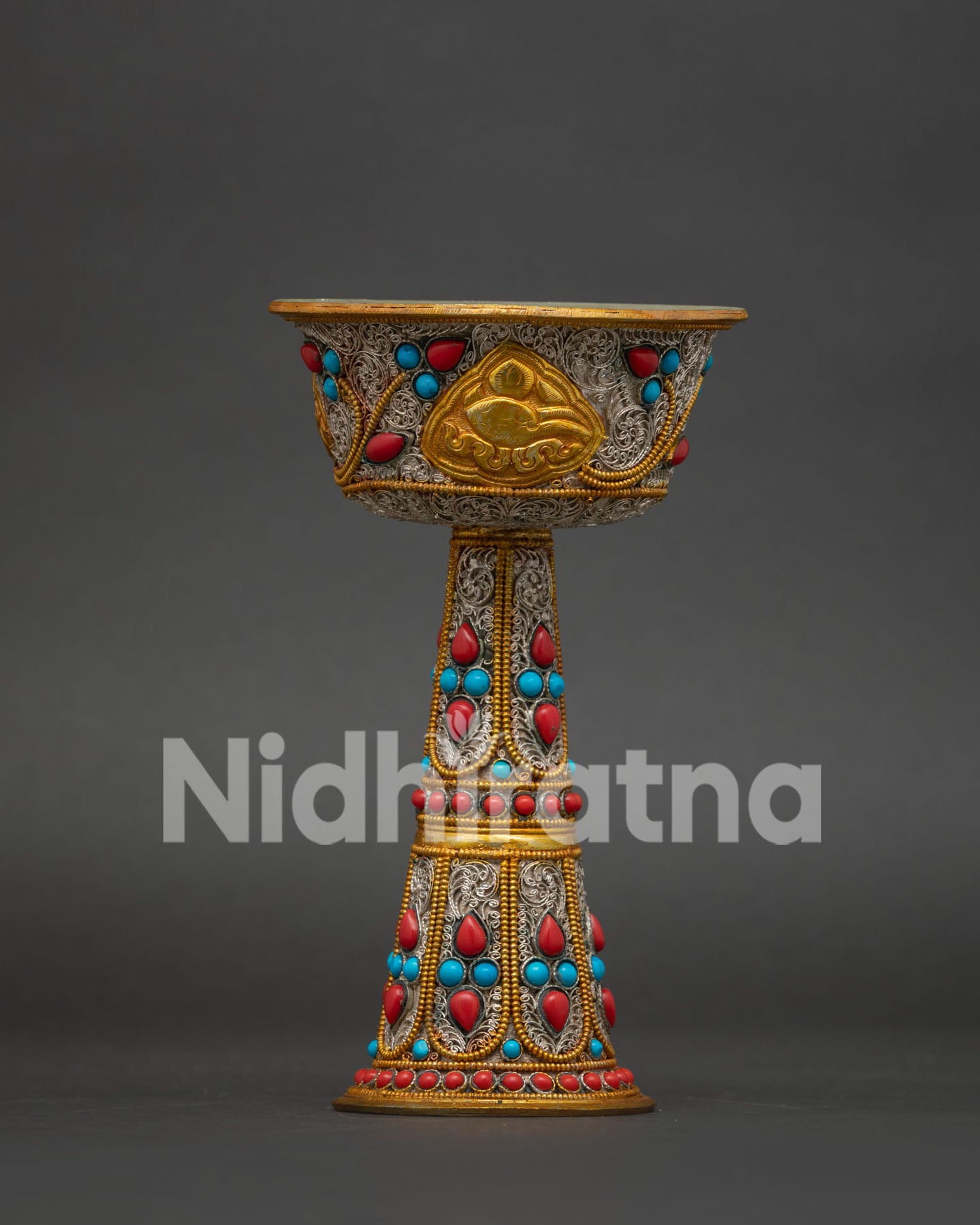Traditional Tibetan Serkyem Offering Set with Buddhist auspicious symbols for Vajrayana altar rituals