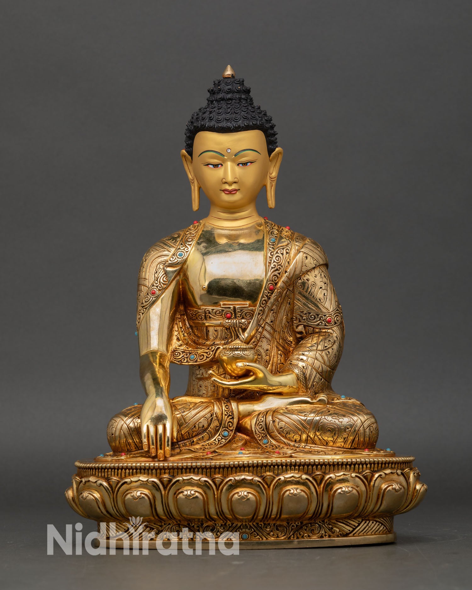 trio buddha set close up copper gold gilded buddhist statue set nepal