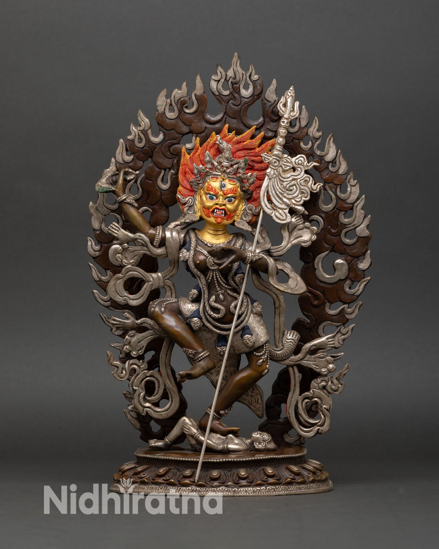 Troma Nagmo statue front view wrathful dakini Tibetan protector copper sculpture oxidized silver finish Nepal