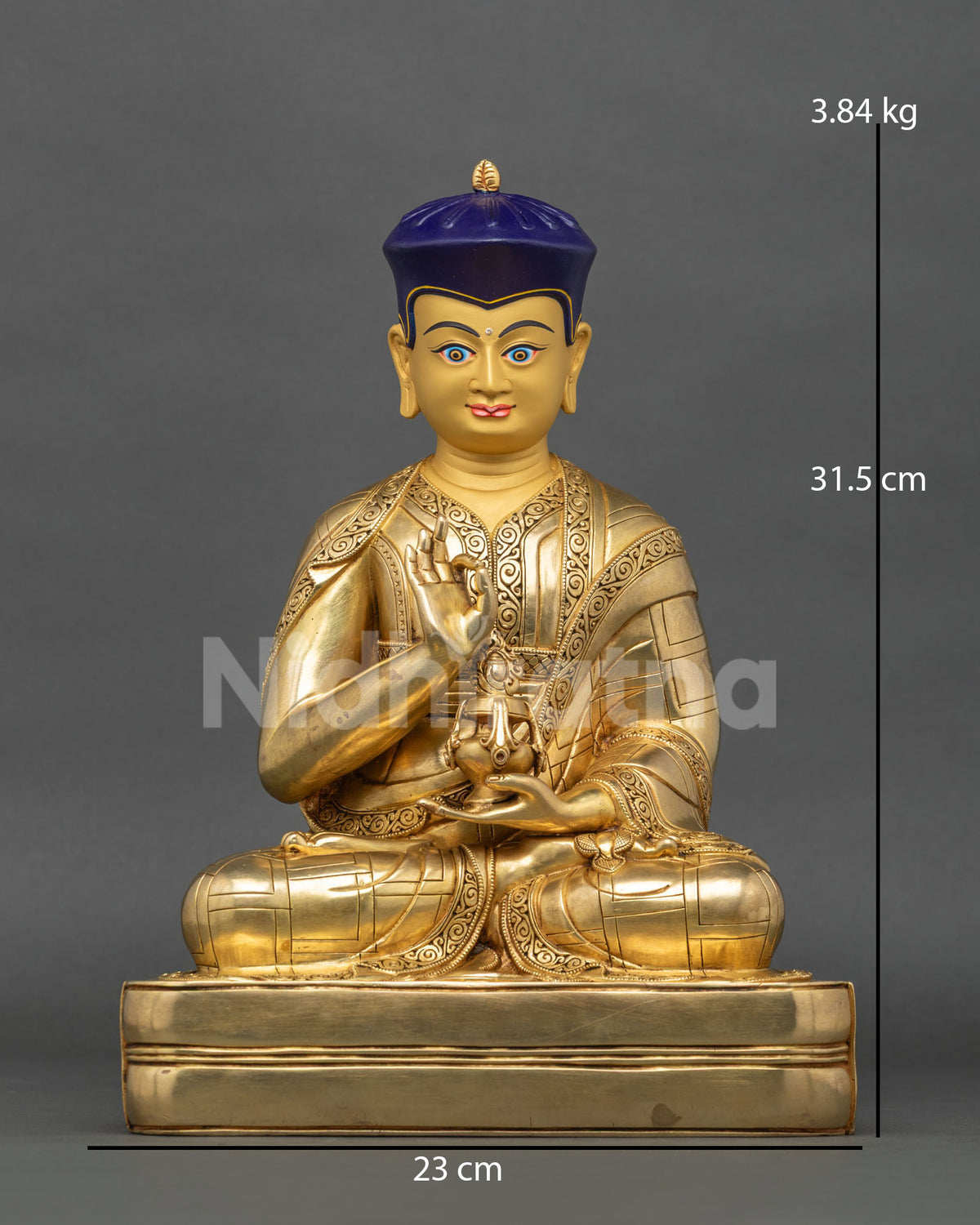 Tsangpa Gyare Statue front view, 24K gold fire-gilded copper Buddhist master
