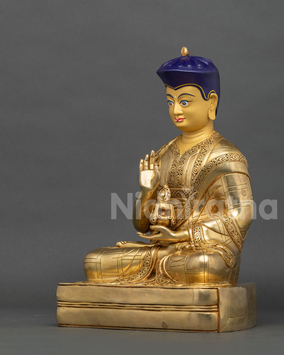 Tsangpa Gyare Statue left side view, 24K gold-gilded copper sculpture