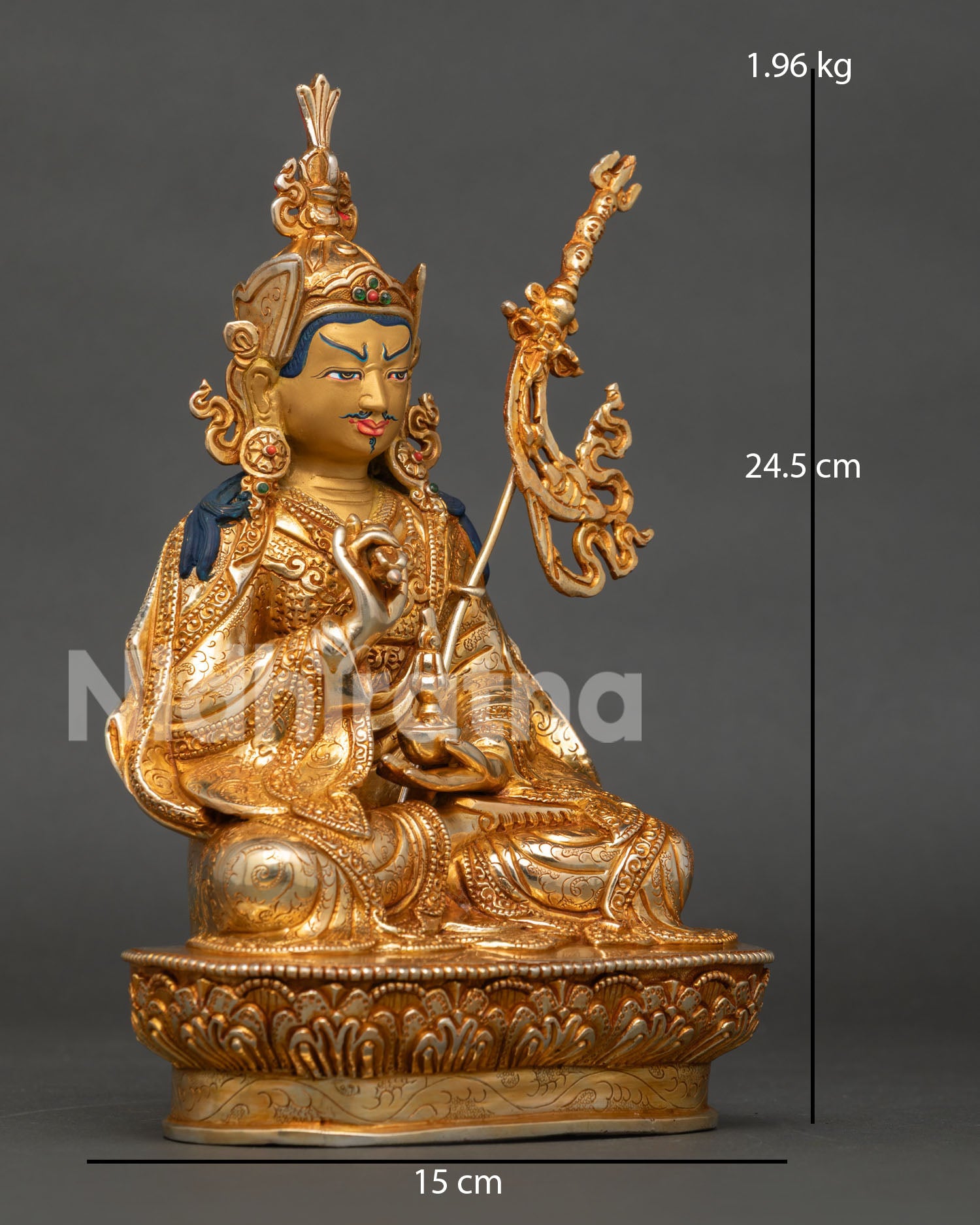 Tsokye Dorje Buddhist statue seated on lotus throne with skull cup and khatvanga trident