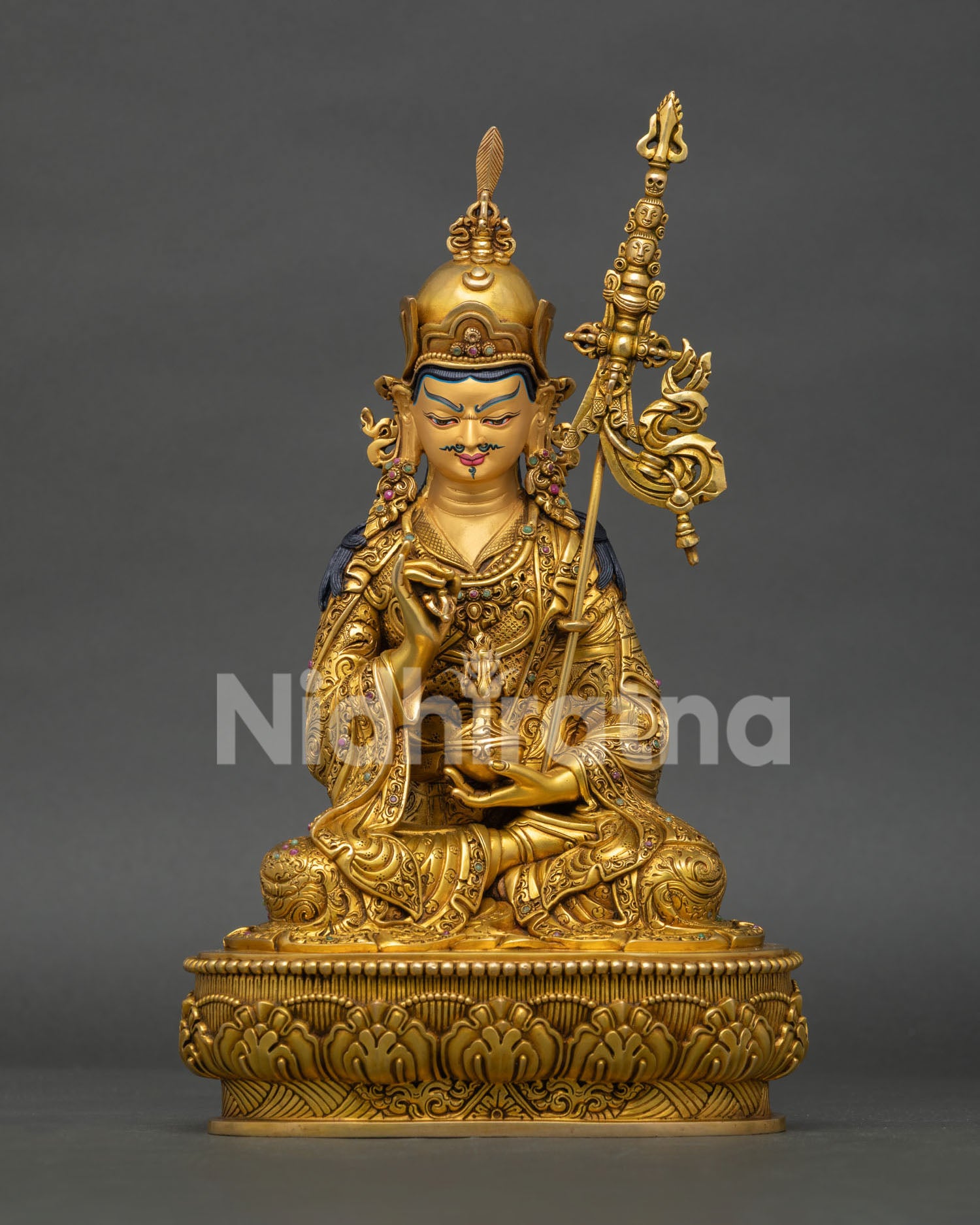 Tsokye Dorje statue, handcrafted in Nepal with 24K gold fire gilding, lotus throne, and semi precious stones