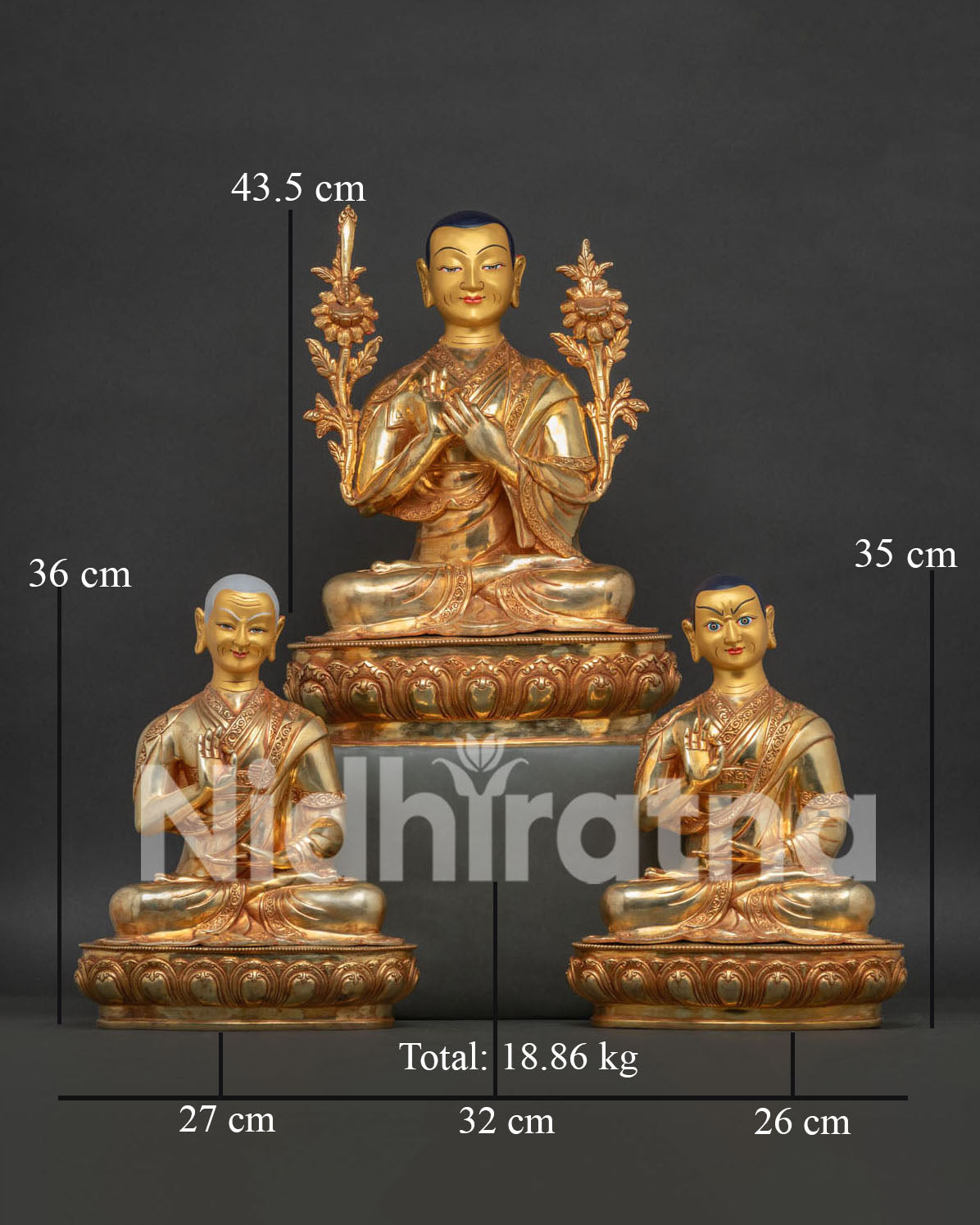Tsongkhapa set statue with Gyaltsab Je and Khedrup Je in 24K gold gilded copper