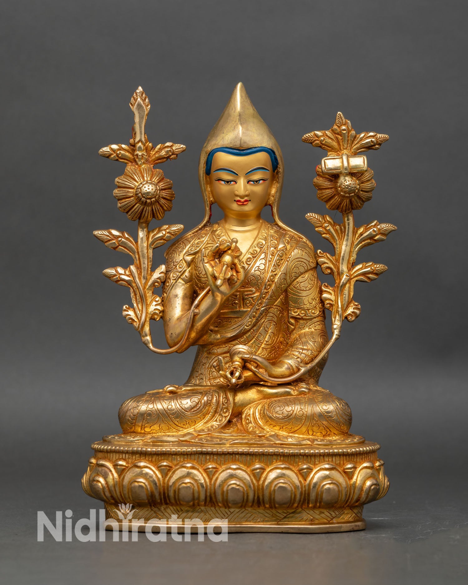 tsongkhapa statue front view, 24k gold fire-gilded copper Tibetan guru
