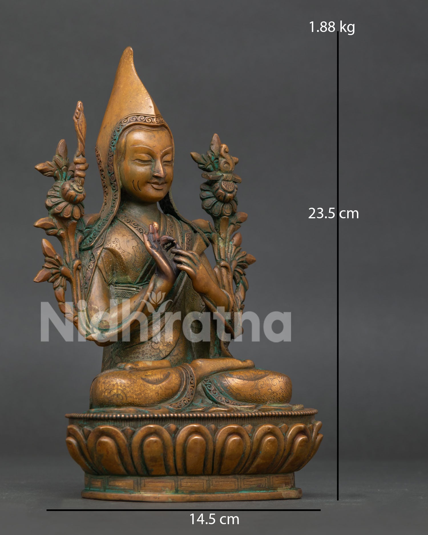 Tsongkhapa statue highlighting yellow pandita hat and detailed traditional nepali craftsmanship.