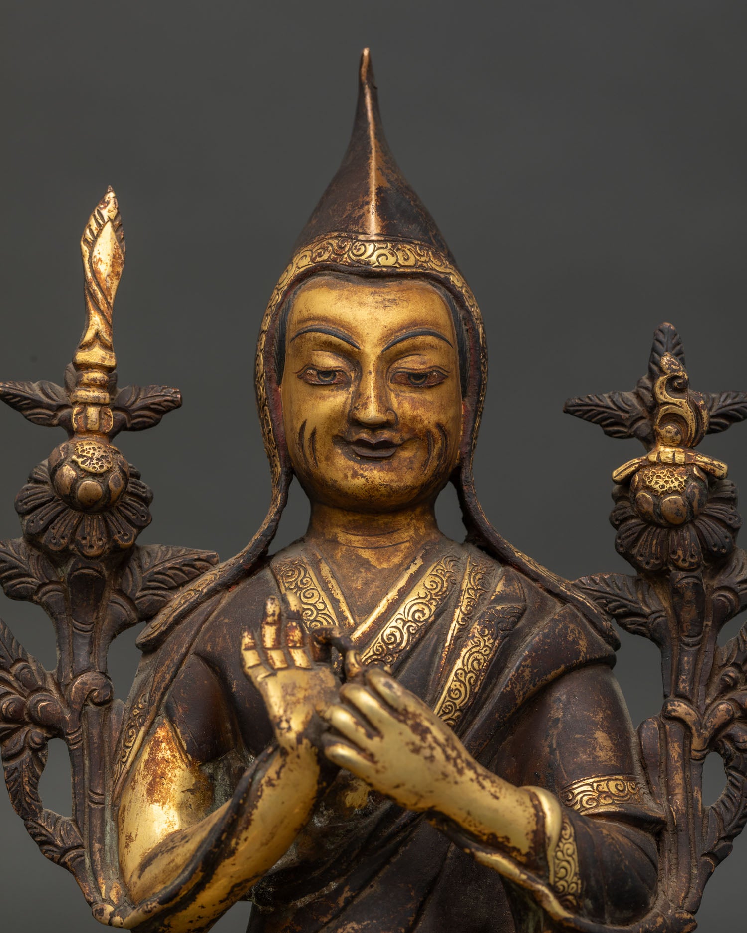 Tsongkhapa Statue Yellow Lama Hat Flaming Sword Prajnaparamita Book Close Up.