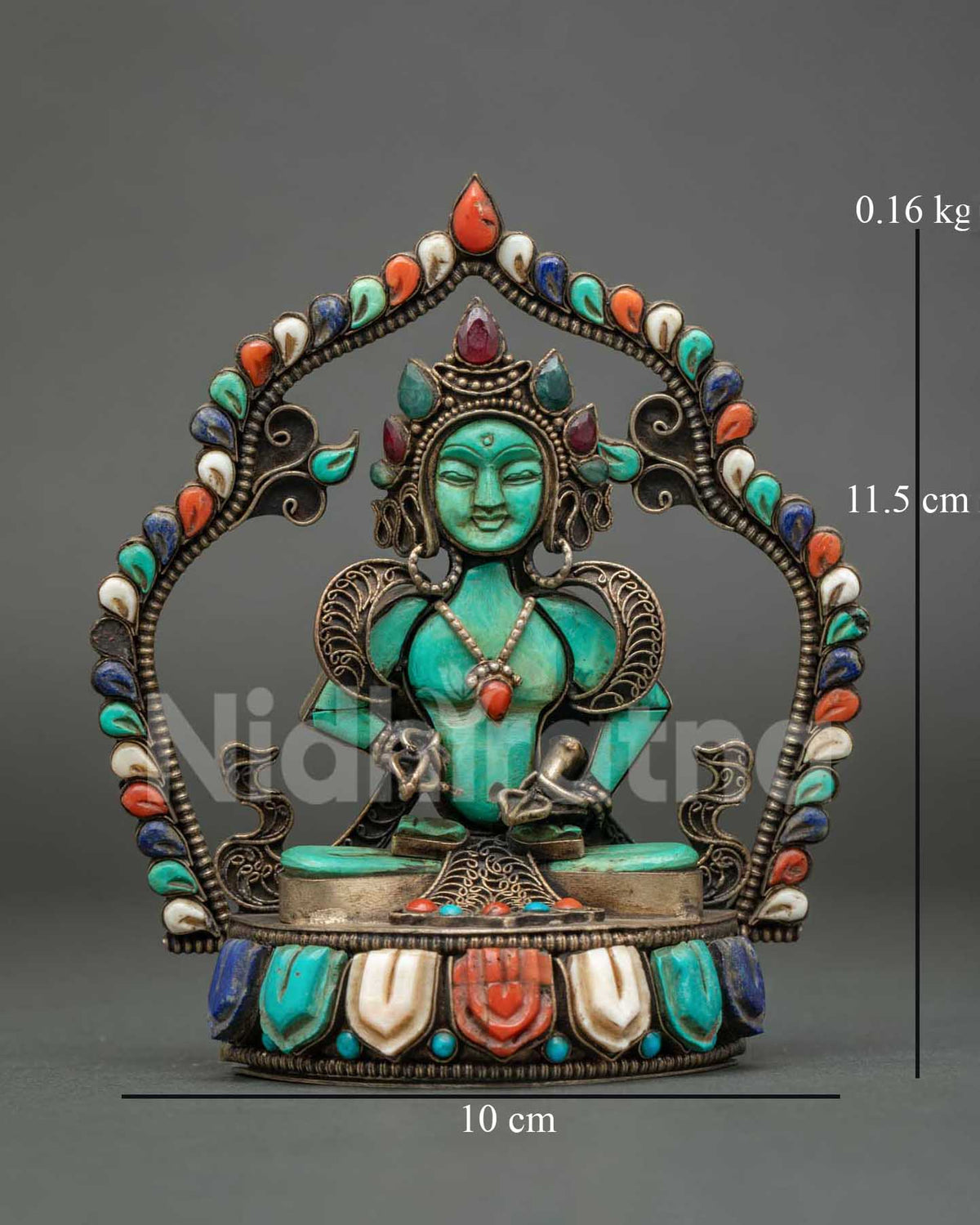 Turquoise Vajrasattva statue with filigree halo and gemstone-inlaid lotus base, 11.5 cm tall