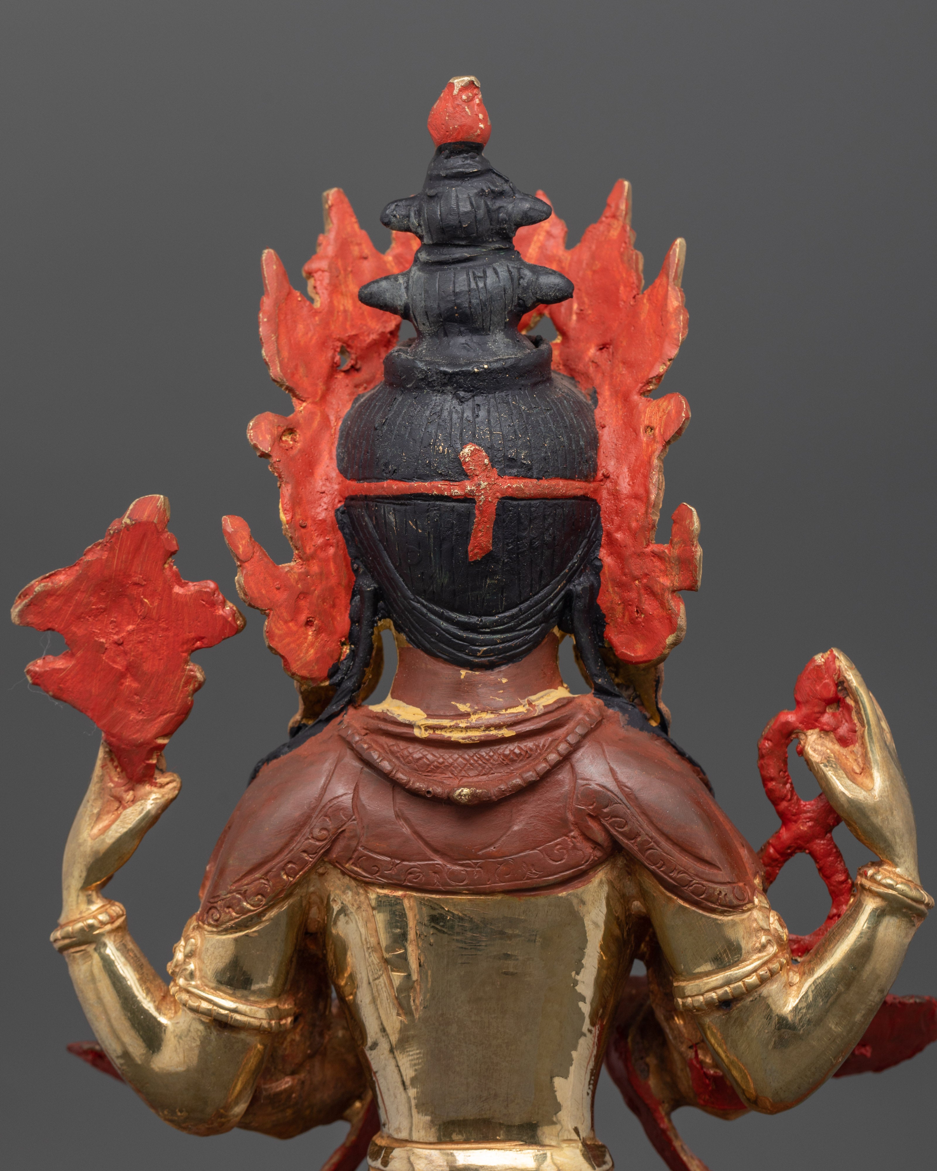 Four-Armed Chenrezig Statue | 24K Gold Gilded and Oxidized Copper