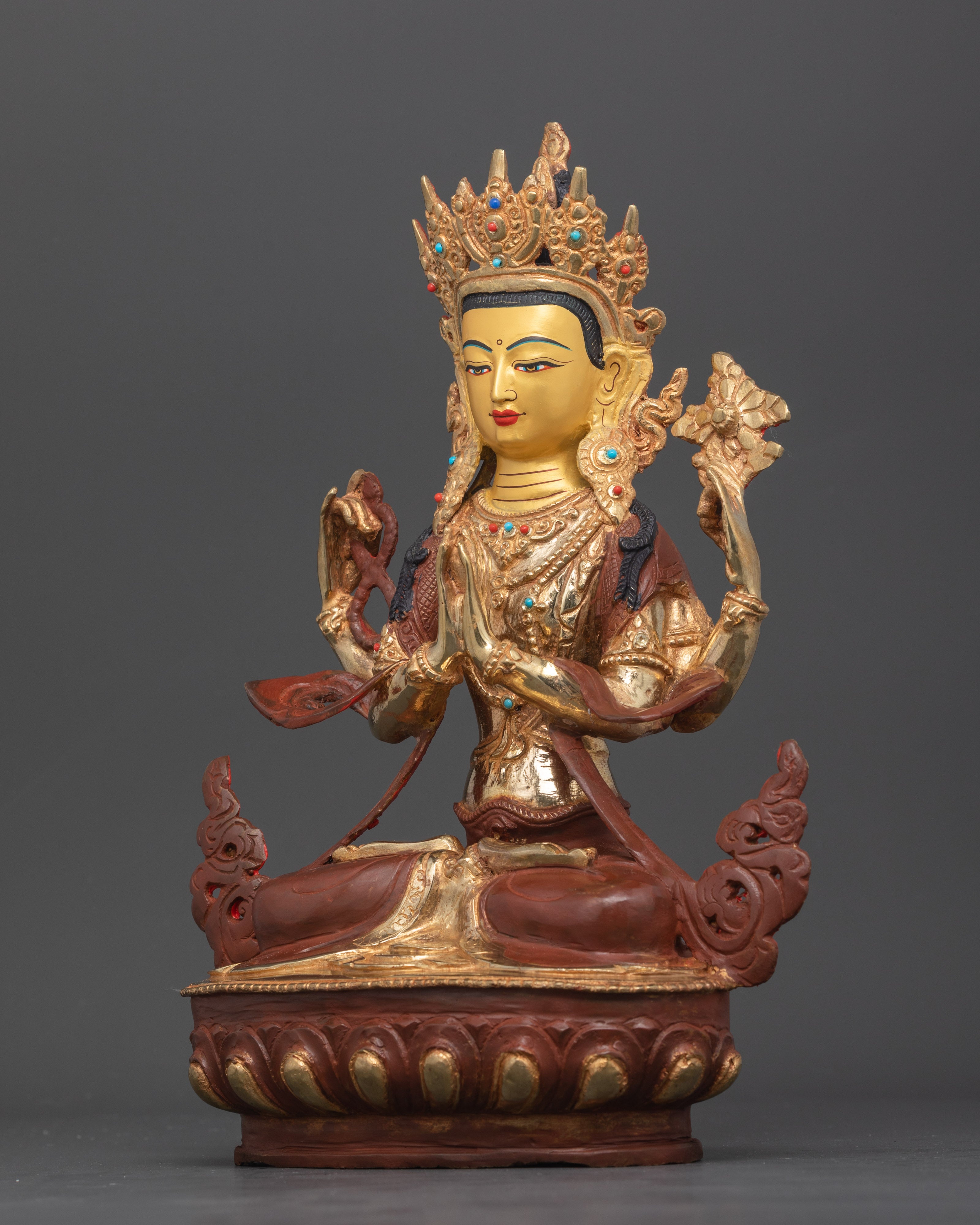 Four-Armed Chenrezig Statue | 24K Gold Gilded and Oxidized Copper