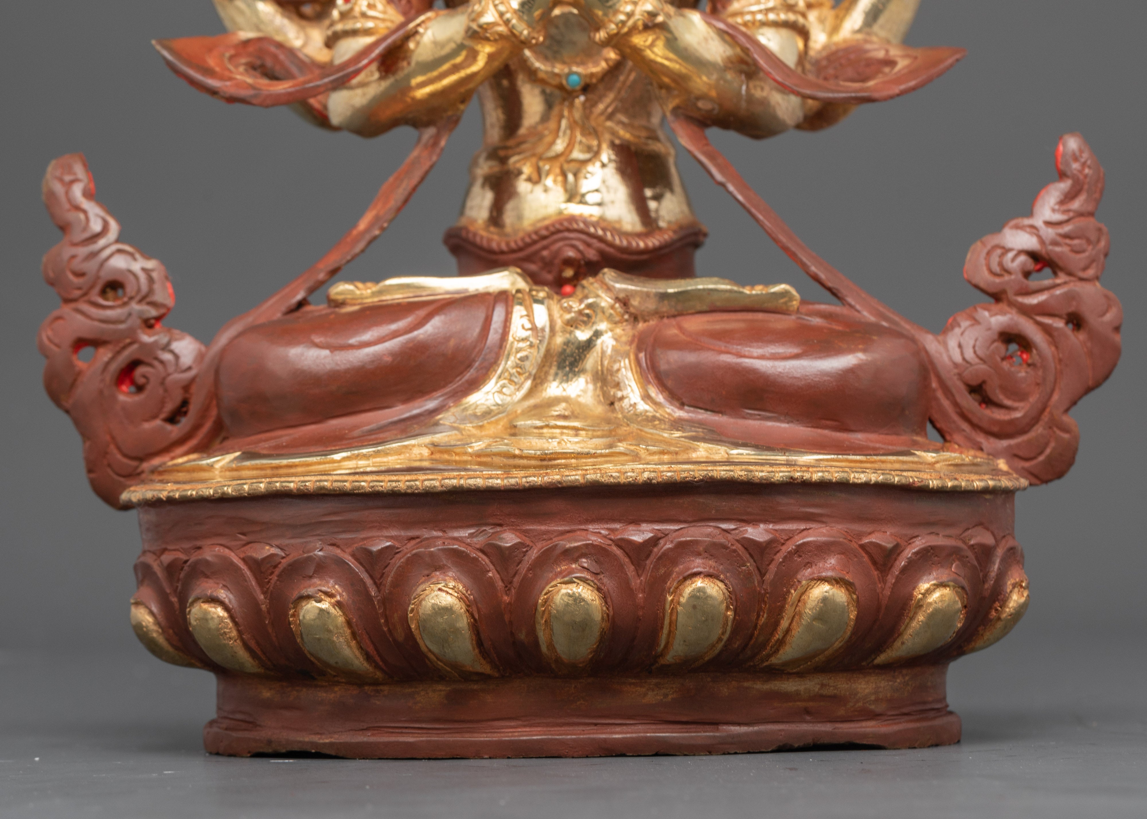Four-Armed Chenrezig Statue | 24K Gold Gilded and Oxidized Copper