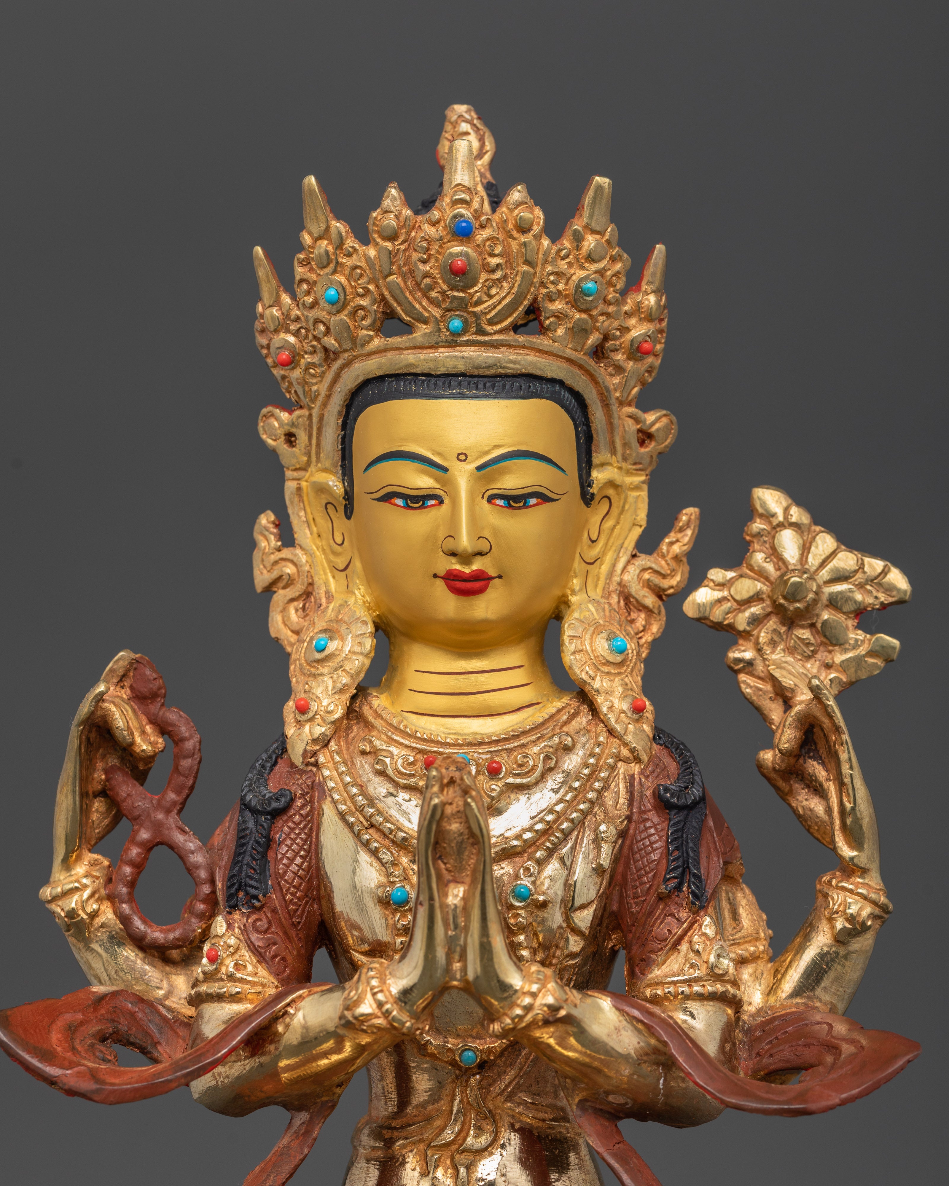 Four-Armed Chenrezig Statue | 24K Gold Gilded and Oxidized Copper