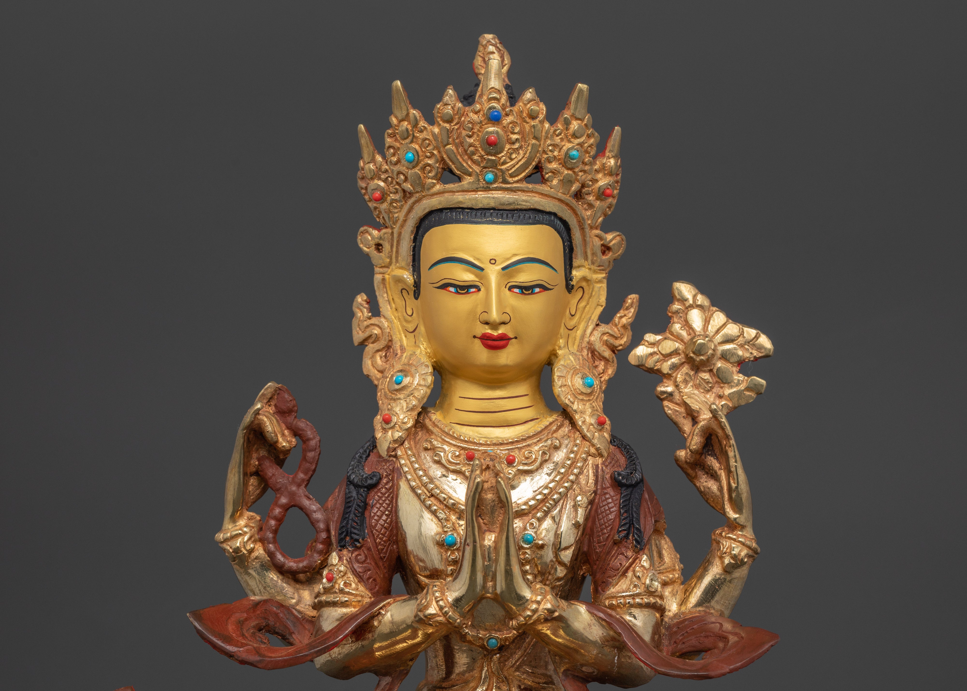 Four-Armed Chenrezig Statue | 24K Gold Gilded and Oxidized Copper