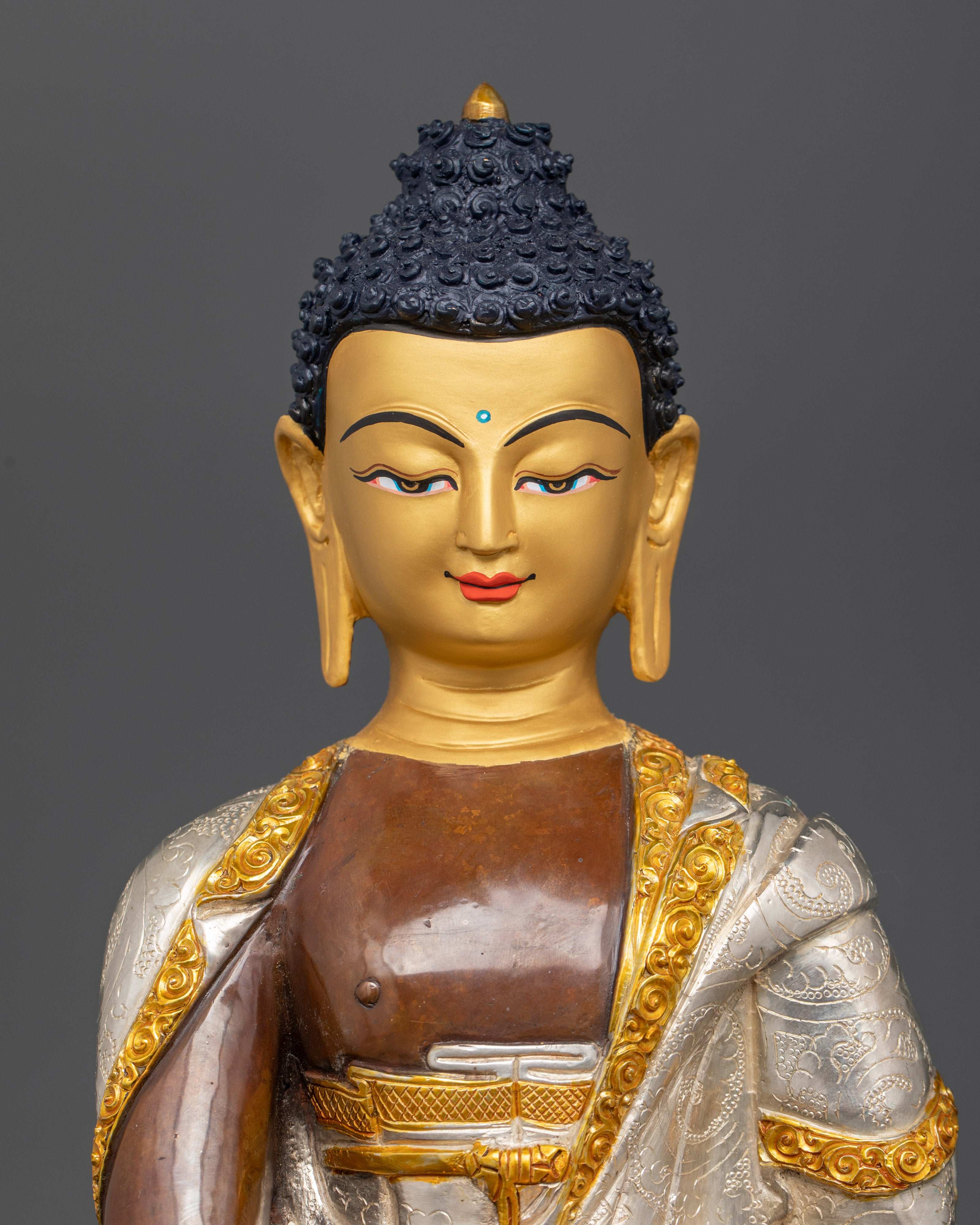 Buddha Sakyamuni Statue - Silver Plated Body, Gold Face, Handcrafted