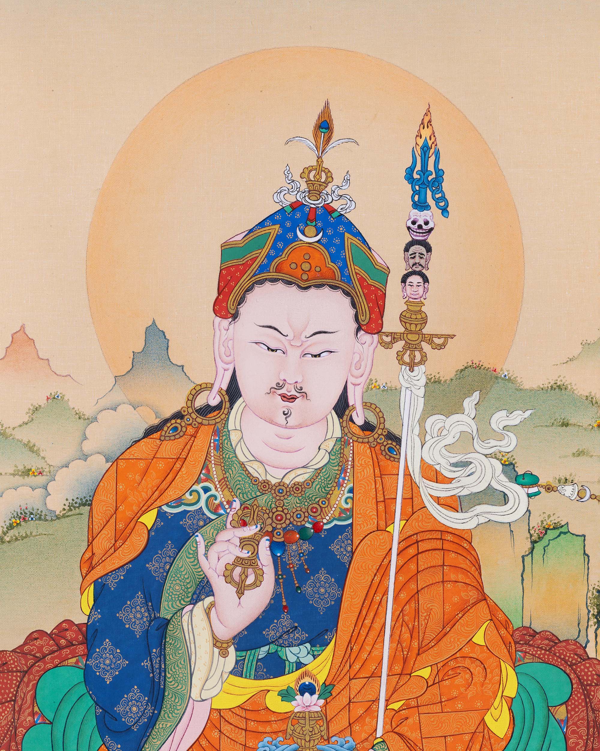 upper close-up of Tsokye Dorje’s face with lotus crown and calm, focused expression