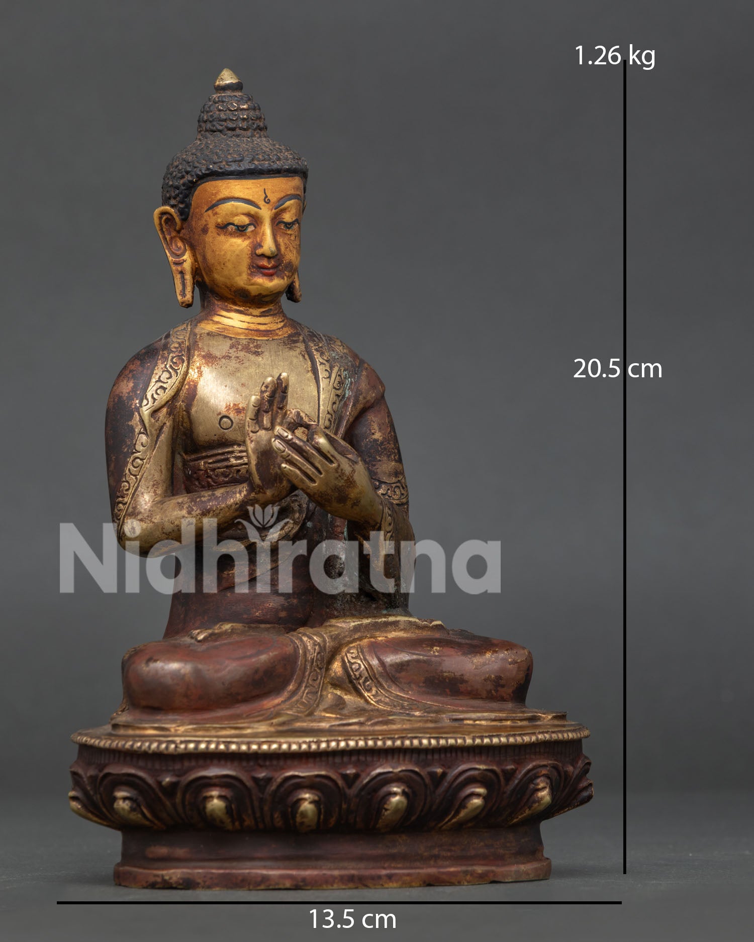 Vairocana Buddha Seated on Handcarved Lotus Pedestal in Dharmachakra Mudra.