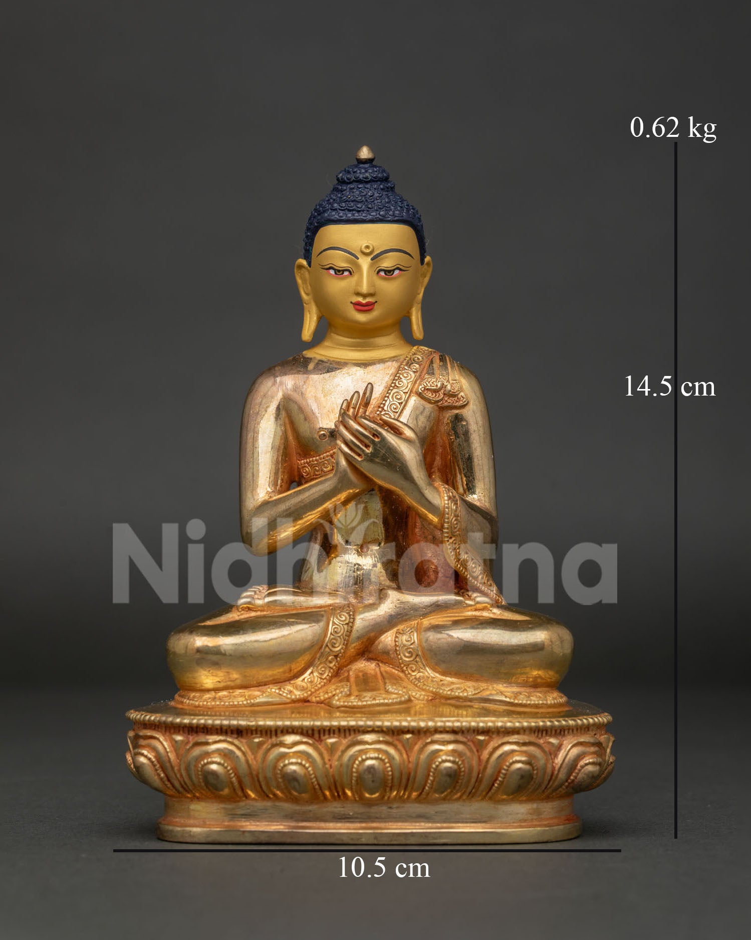Vairocana Buddha Statue Front View Handcrafted in Patan Nepal with Gold Fire Gilding.