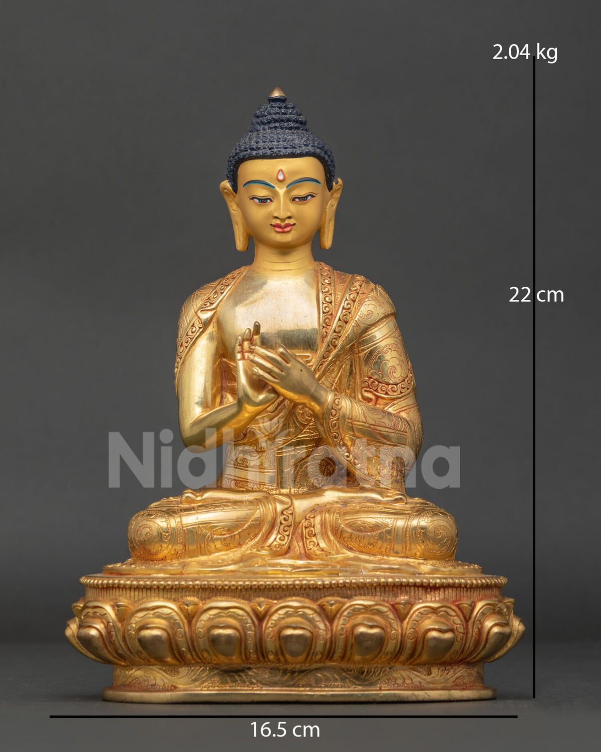 Vairocana Buddha statue handcrafted by Newari artist from Patan Nepal with gold fire gilded copper and 24K gold face.