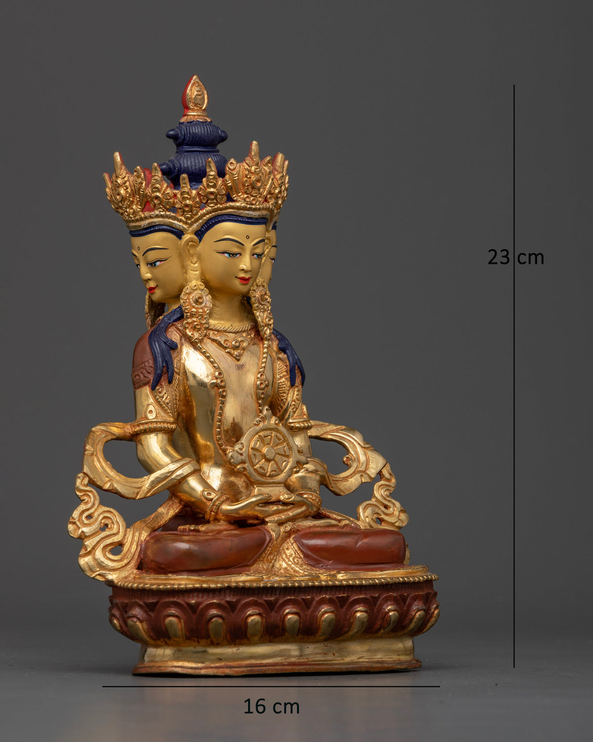 Vairocana Buddha Statue in copper with gold fire gilded and half oxidized finish.