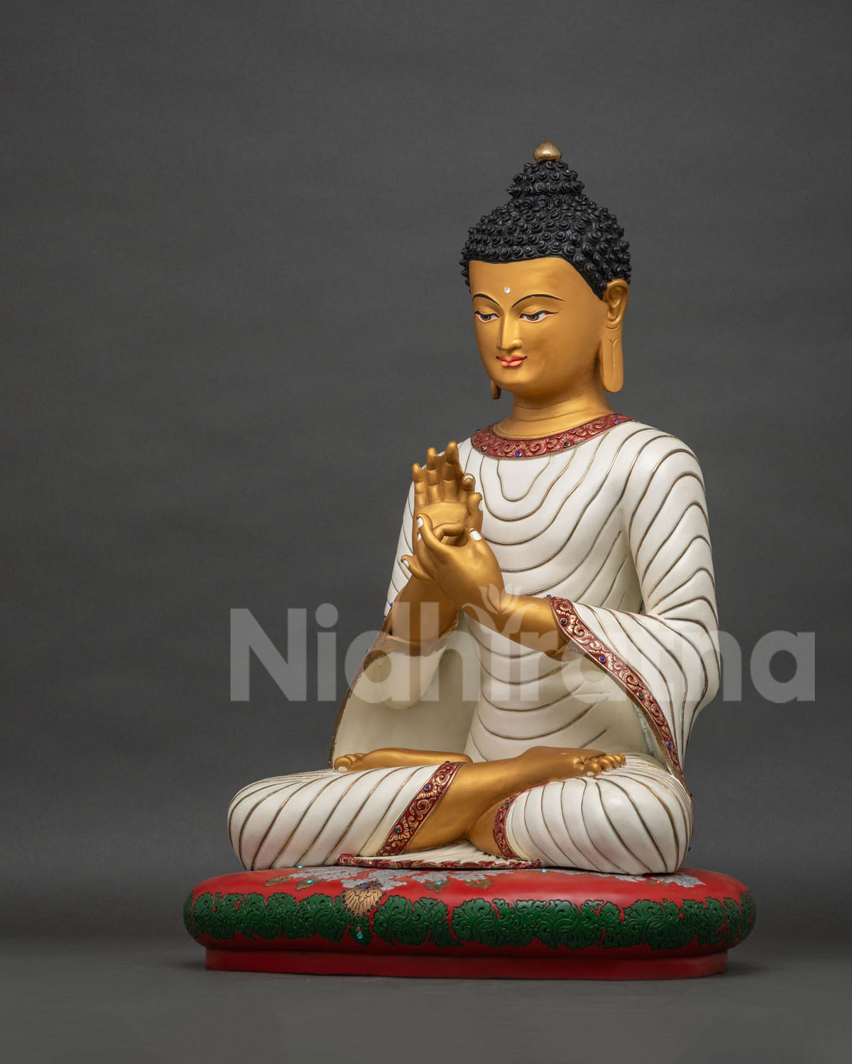 Vairocana Buddha Statue Left Side View | White Robe & Gold Pigment Detail