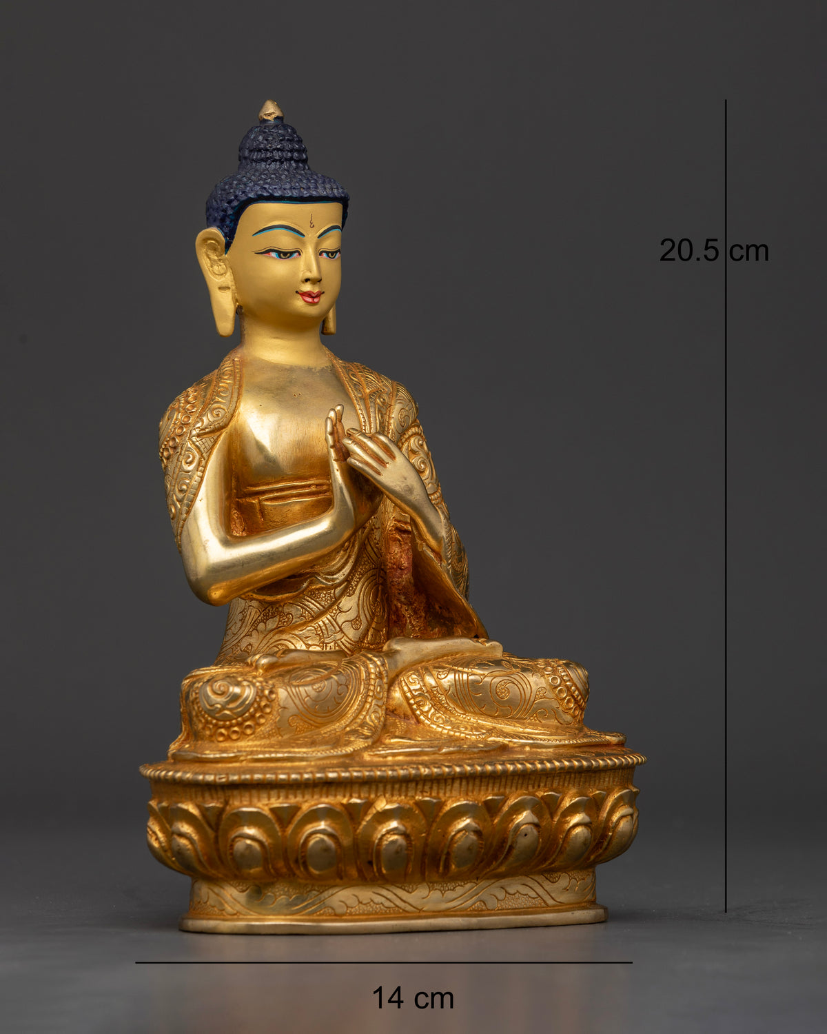 Vairocana buddha statue with dharmachakra mudra on hand carved lotus.