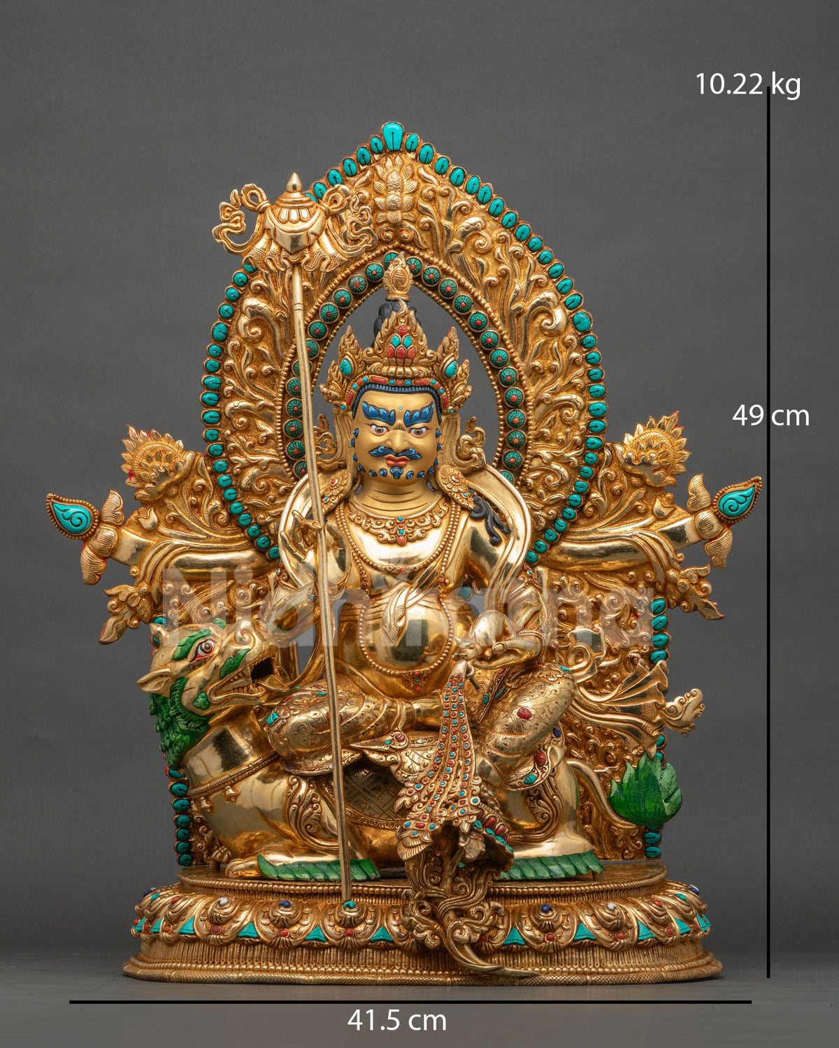 vaisravana namtoshe statue handcrafted in nepal with 24k gold gilding front view