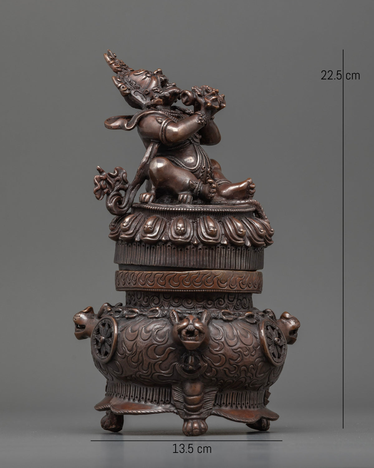 Vajradaka incense burner statue with intricate carved base lion heads and Dharma Wheel medallions