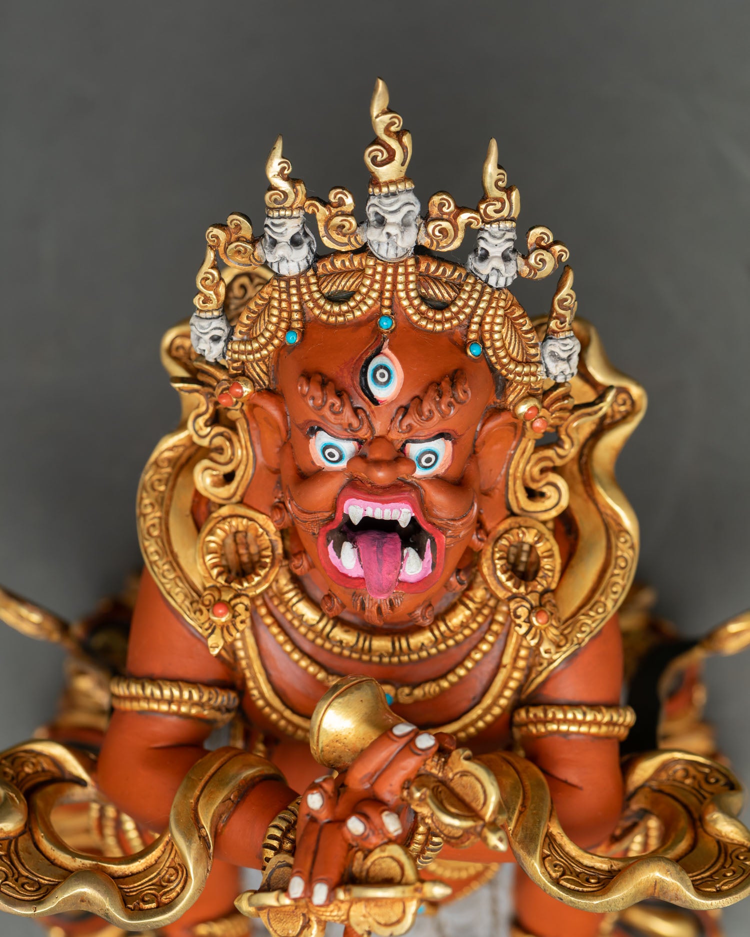 Vajradhaka close up fierce face, tantric Buddhist deity altar statue