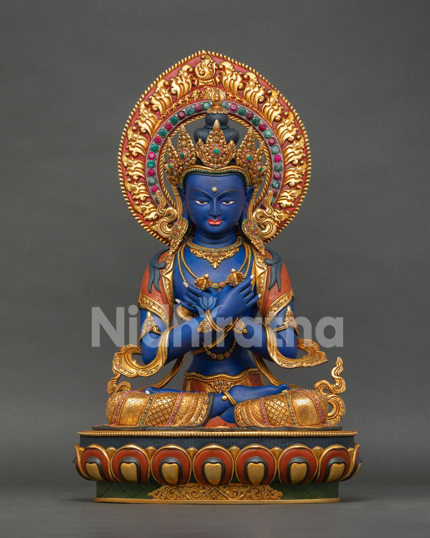 Vajradhara Buddha Statue front view with blue body and gold gilded details