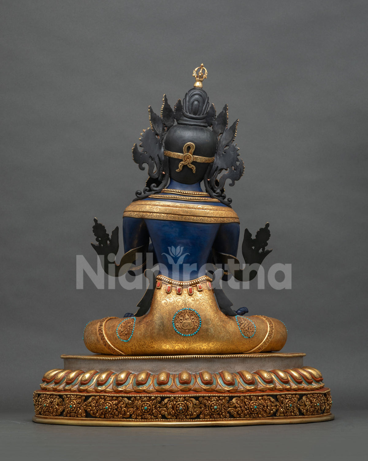 Vajradhara statue back view, gold gilded crown, lotus pedestal, Nepali art