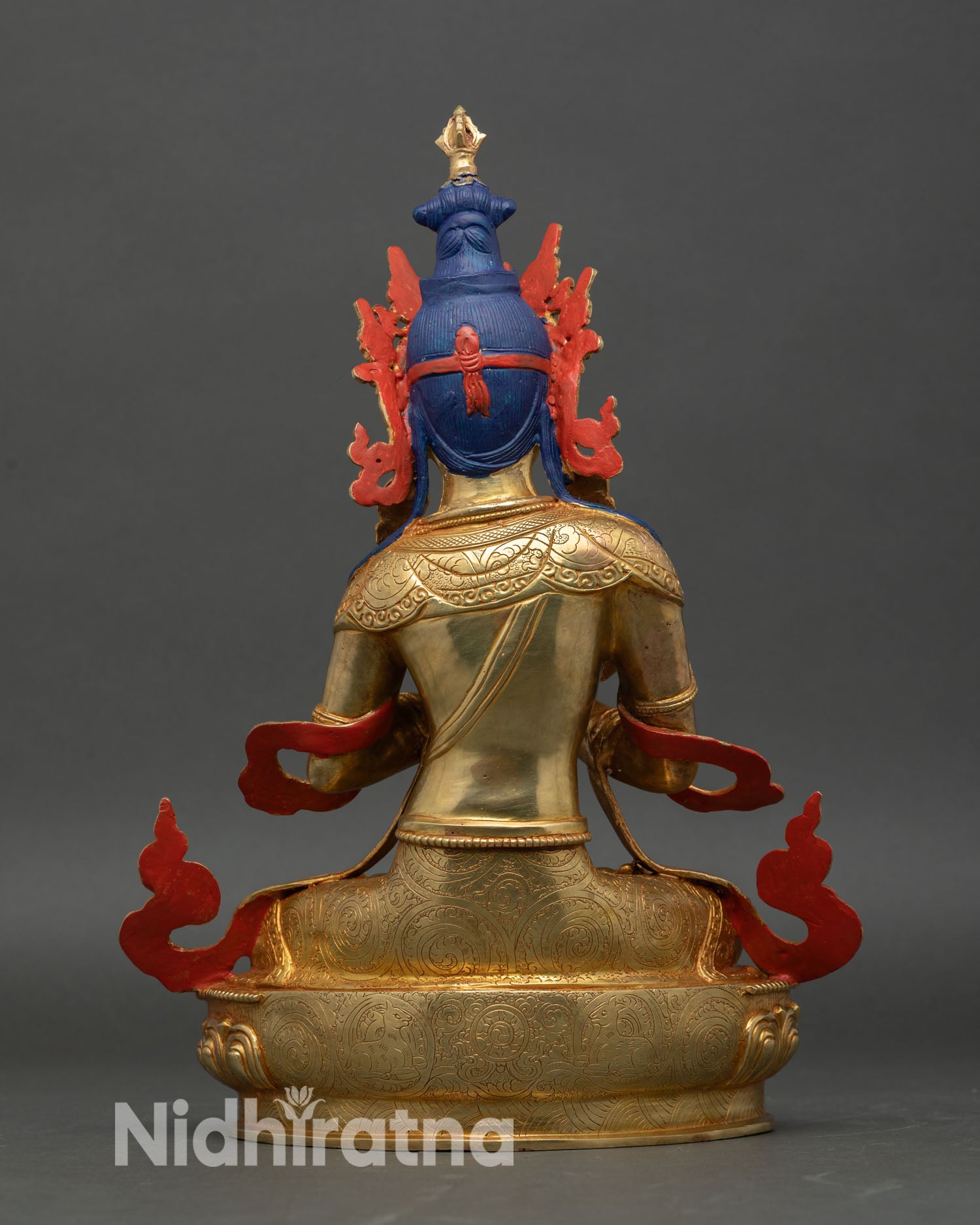 Vajradhara statue back view ornate copper detailing gold gilded finish himalayan vajrayana altar statue