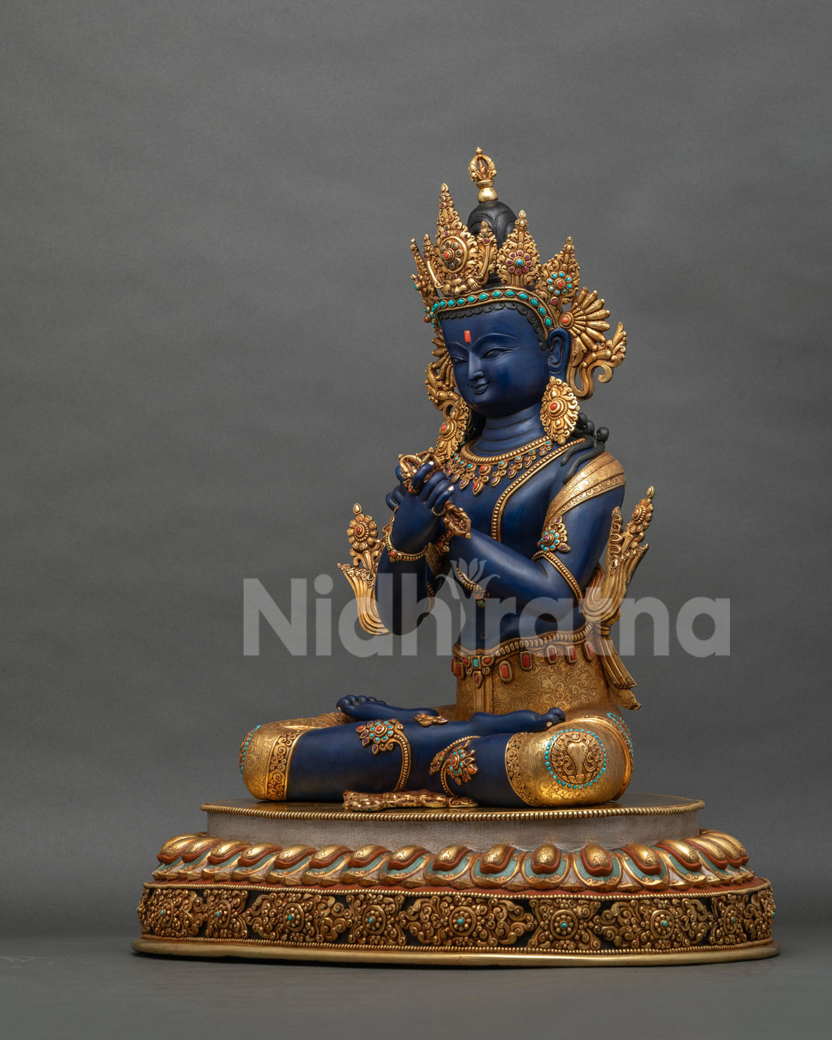 Vajradhara statue left side view, hand painted blue Buddha, Newari sculpture