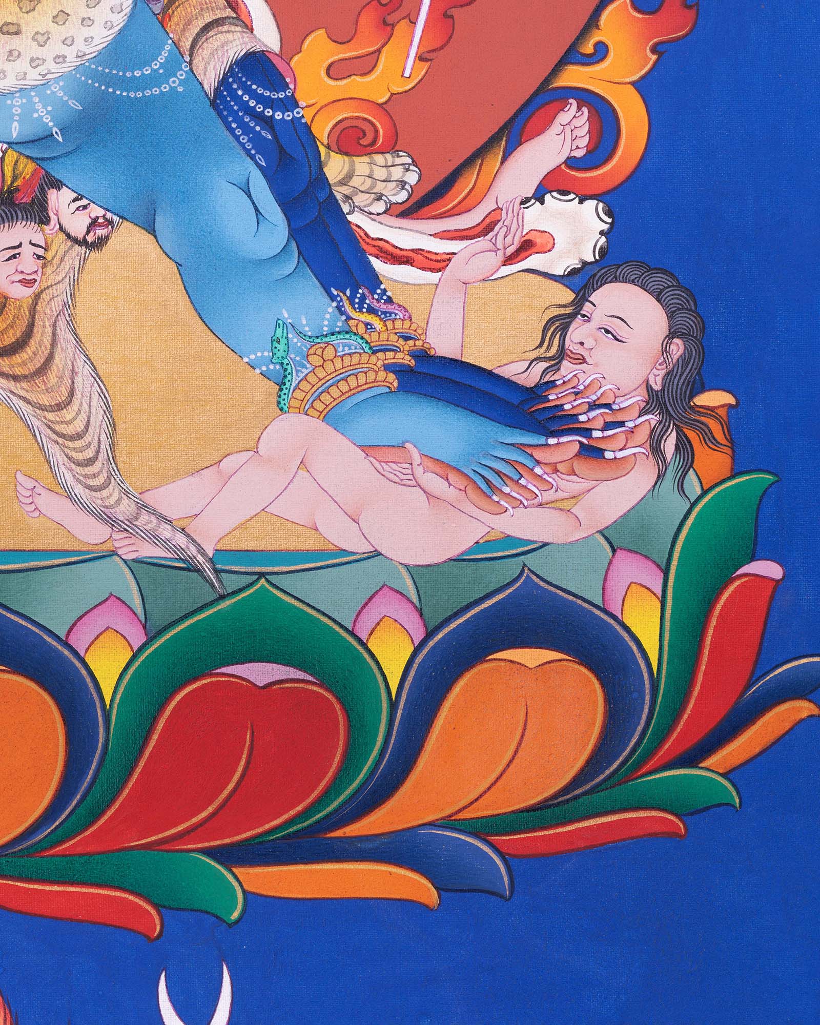 Vajrakilaya print detail, four legs trampling demonic figures on lotus throne