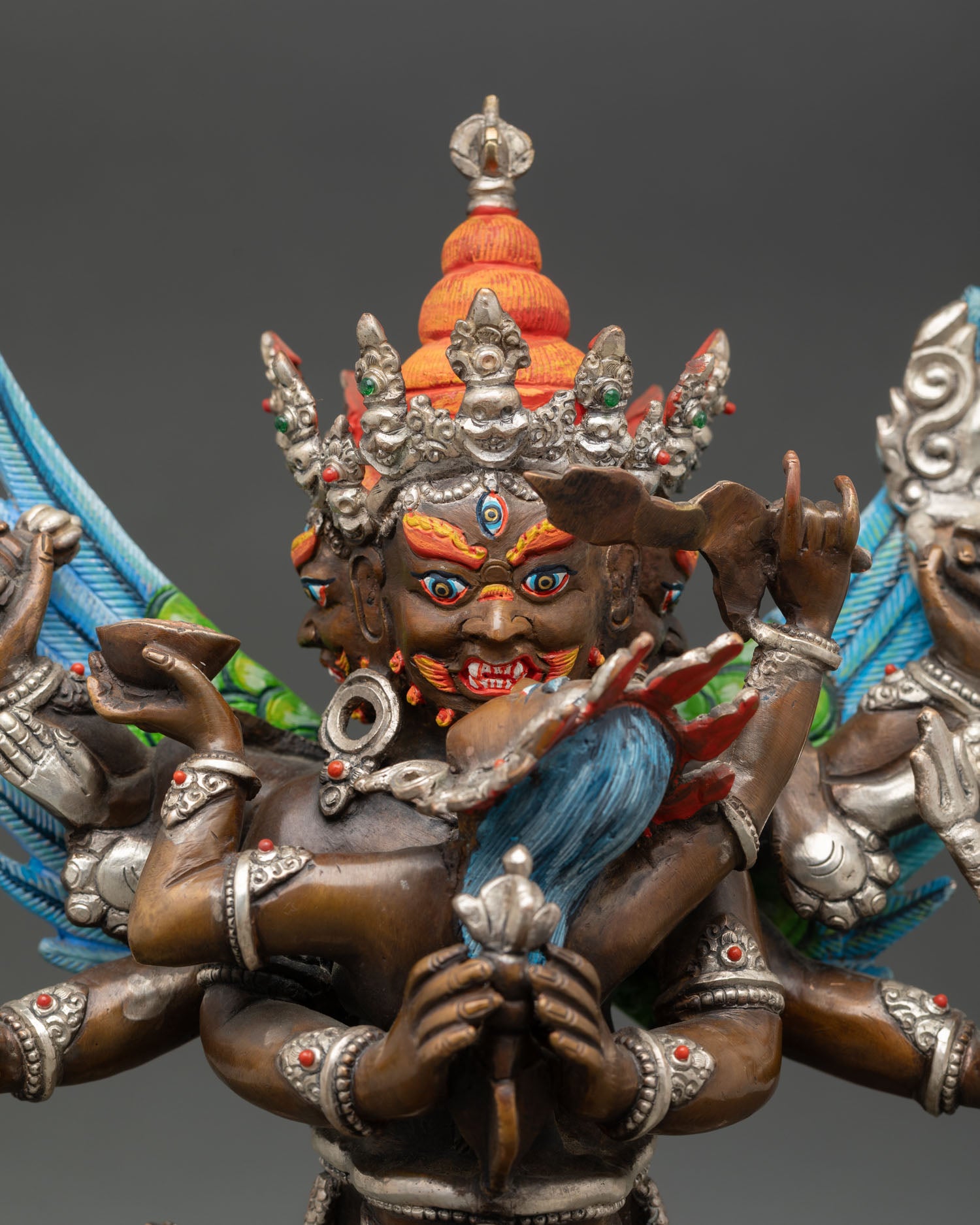 Vajrakilaya statue close up phurba vajra ritual blade detail silver plated copper Buddhist sculpture