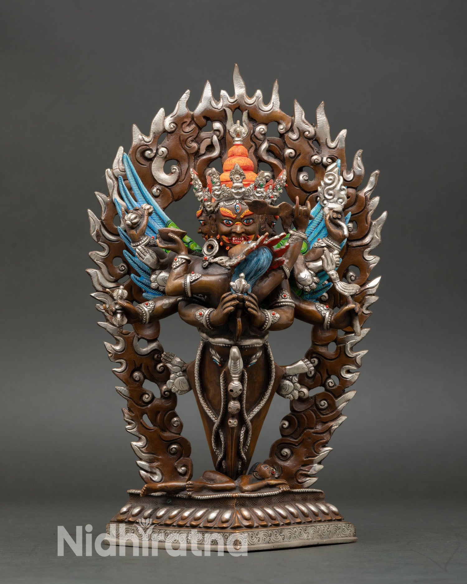 Vajrakilaya statue front view fierce tantric deity with consort copper oxidized Nepal Patan artisan