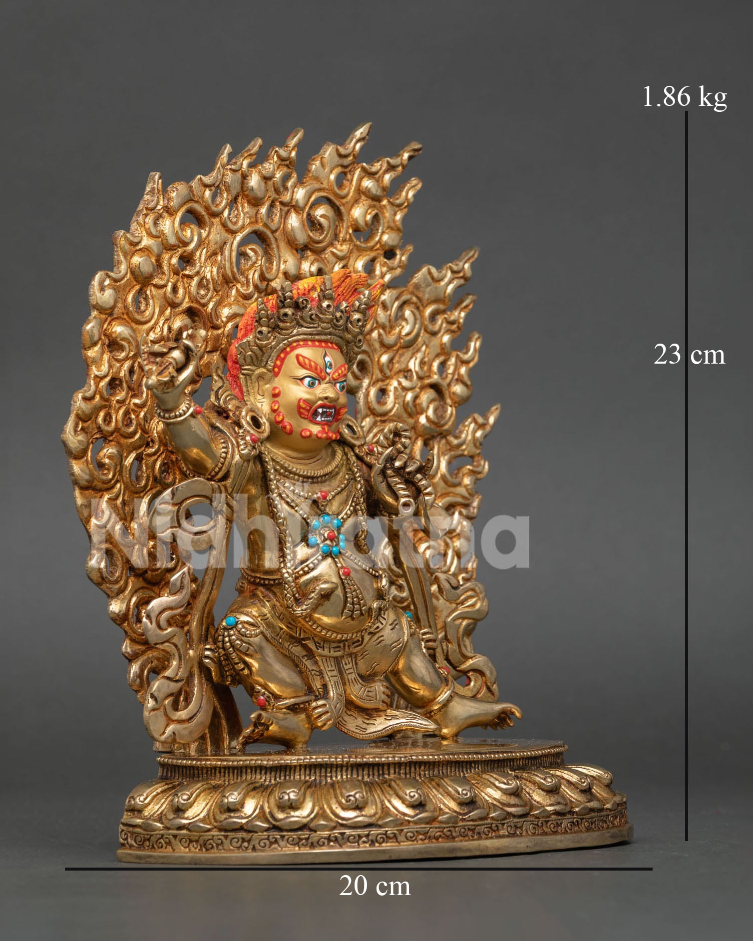 Vajrapani Buddha sculpture with gold painted face standing on lotus seat and blazing halo