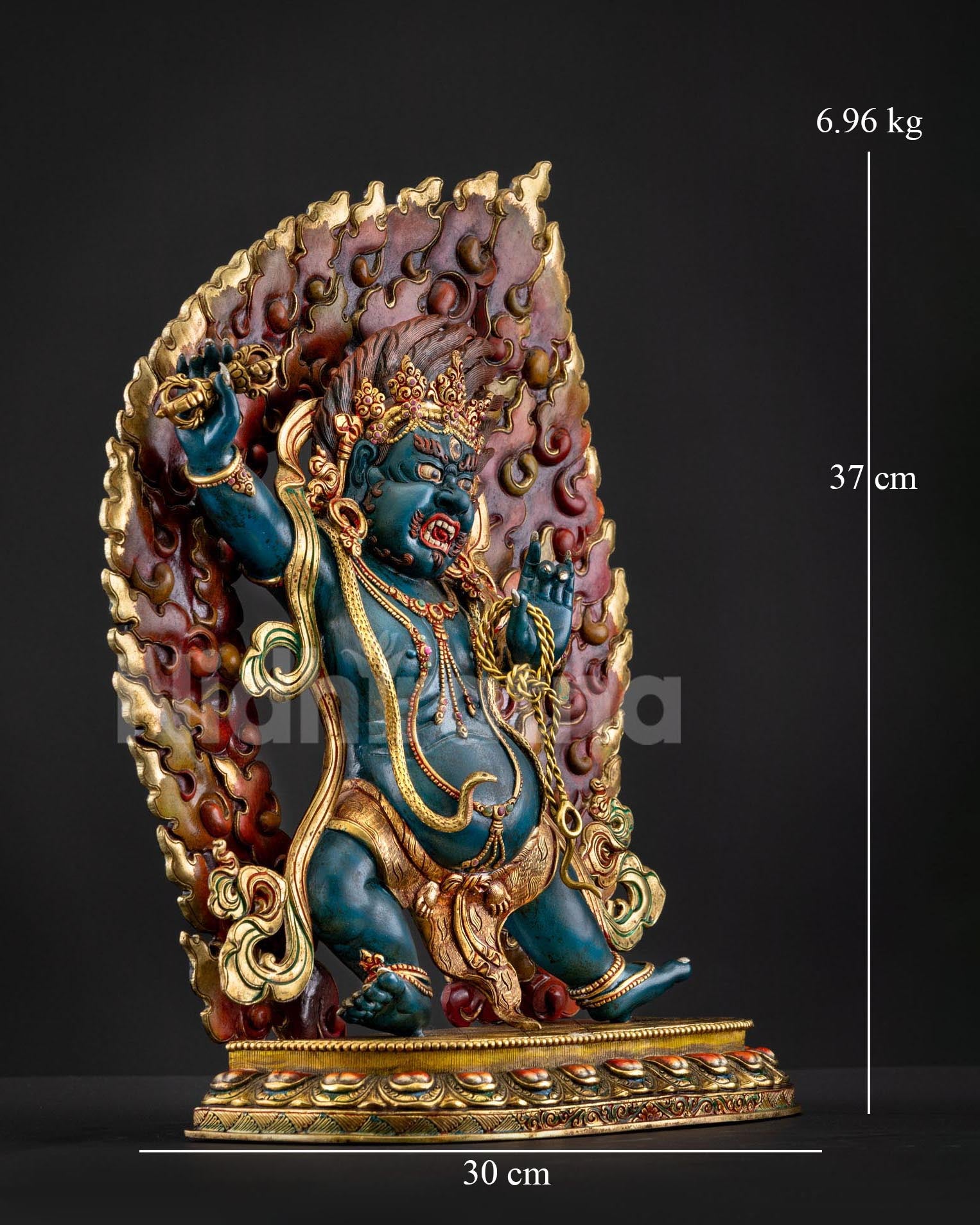 Vajrapani right side view copper statue vajra lasso blazing halo lotus throne Nepal 37cm