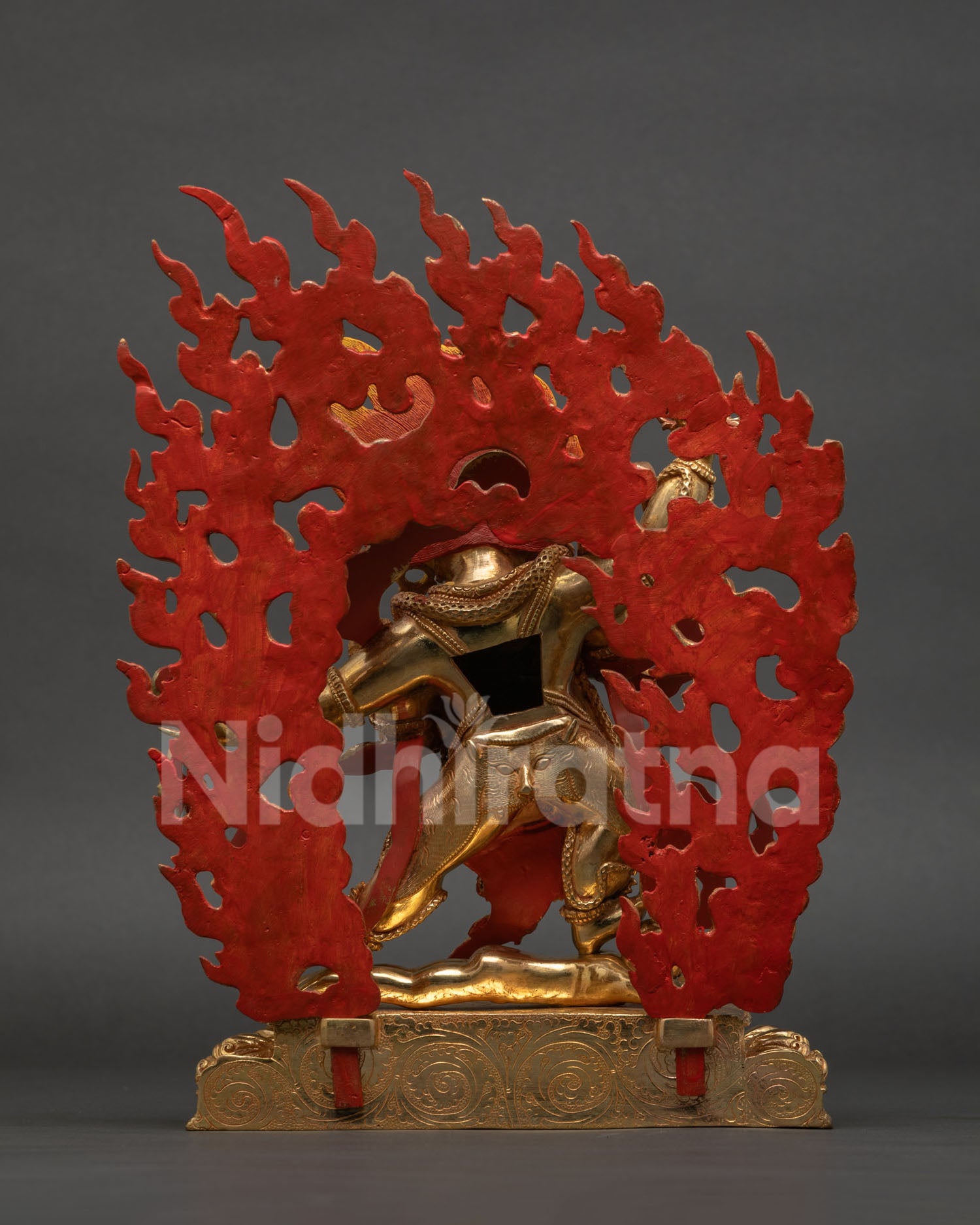 Vajrapani Statue Dynamic Warrior Stance on Lotus Throne with Flaming Halo.