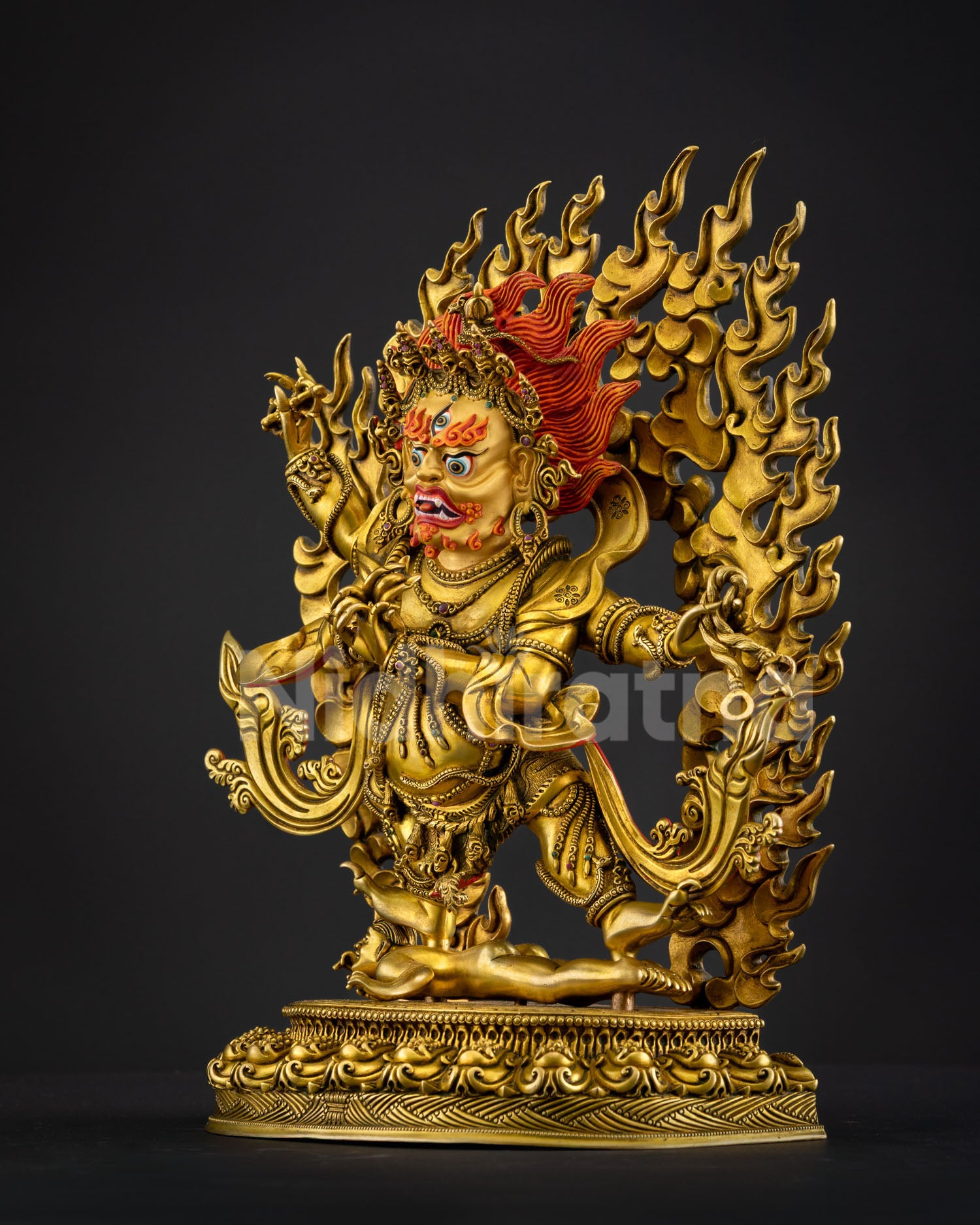 Vajrapani statue four arms sacred implements vajra spiritual fire gold gilded finish traditional lost wax Himalayan Buddhist art collection
