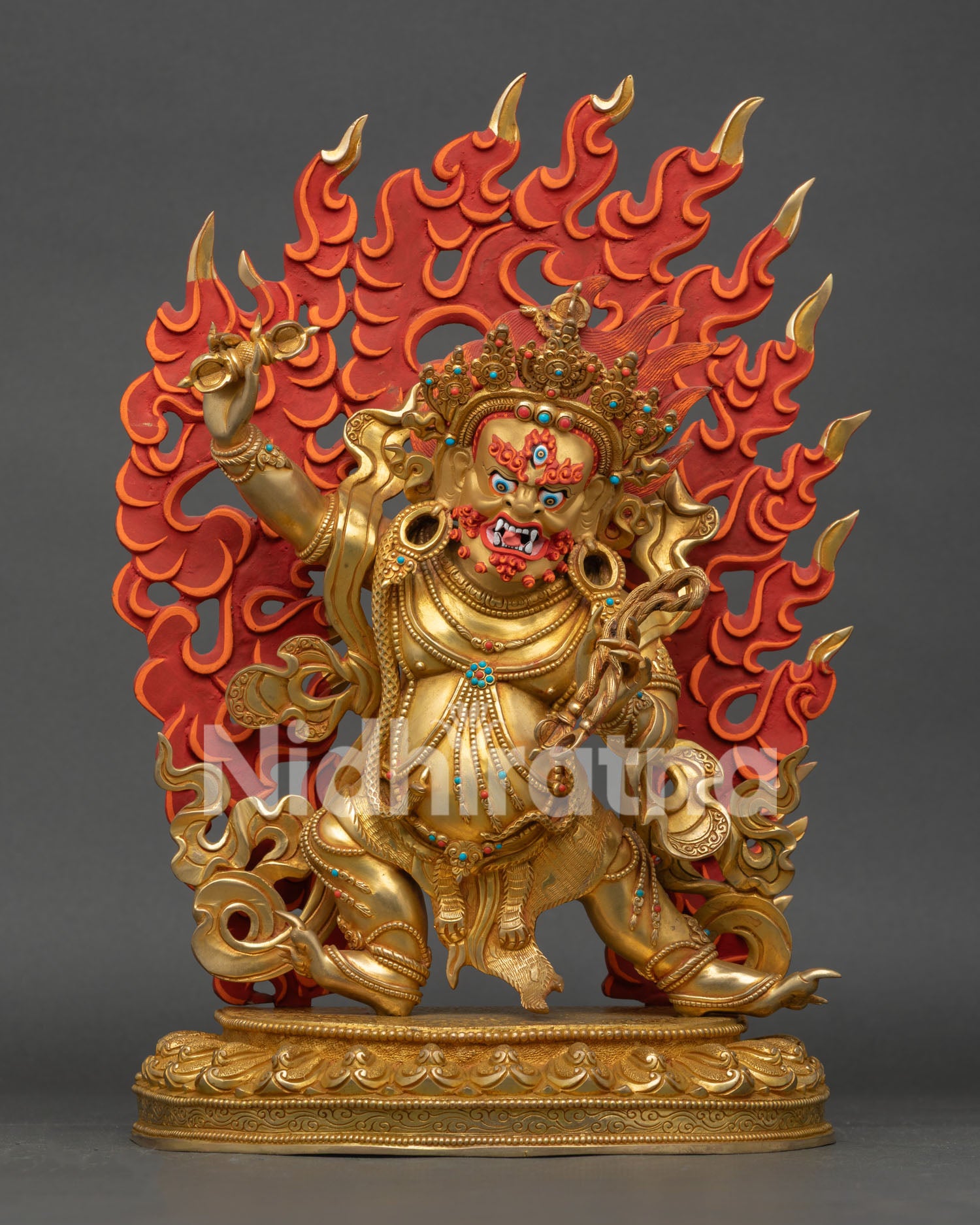 vajrapani statue front view, copper and gold gilded wrathful buddhist protector sculpture nepal