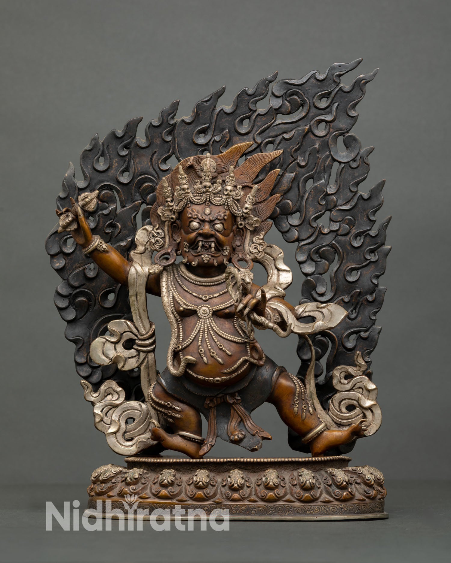 Vajrapani statue front view oxidized copper silver plated Himalayan Buddhist art from Nepal